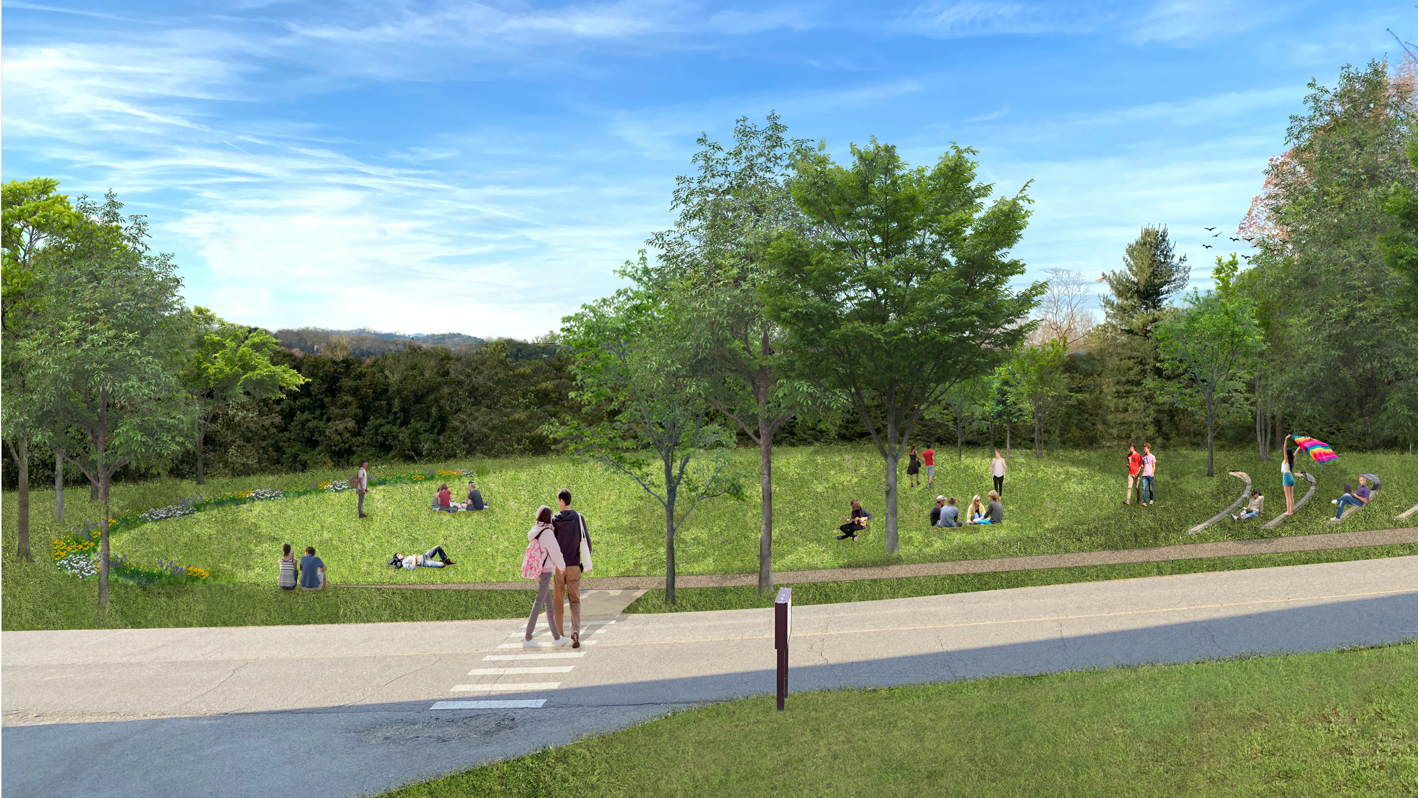 drawing of students sitting in grassy area with trees and view of mountains