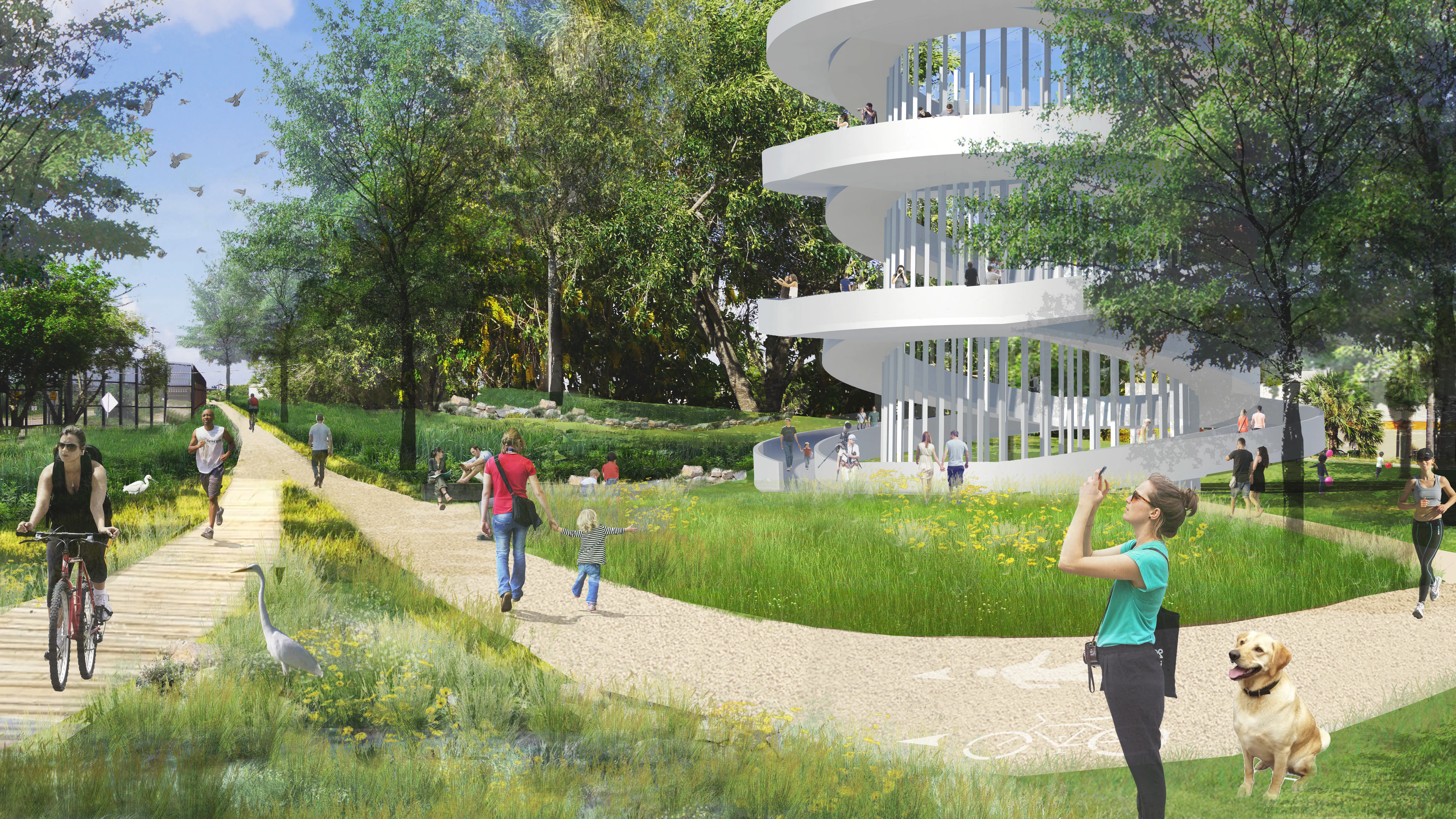 Rendering of the pedestrian path surrounded with diverse meadow plantings with an adjacent large spiral overlook structure