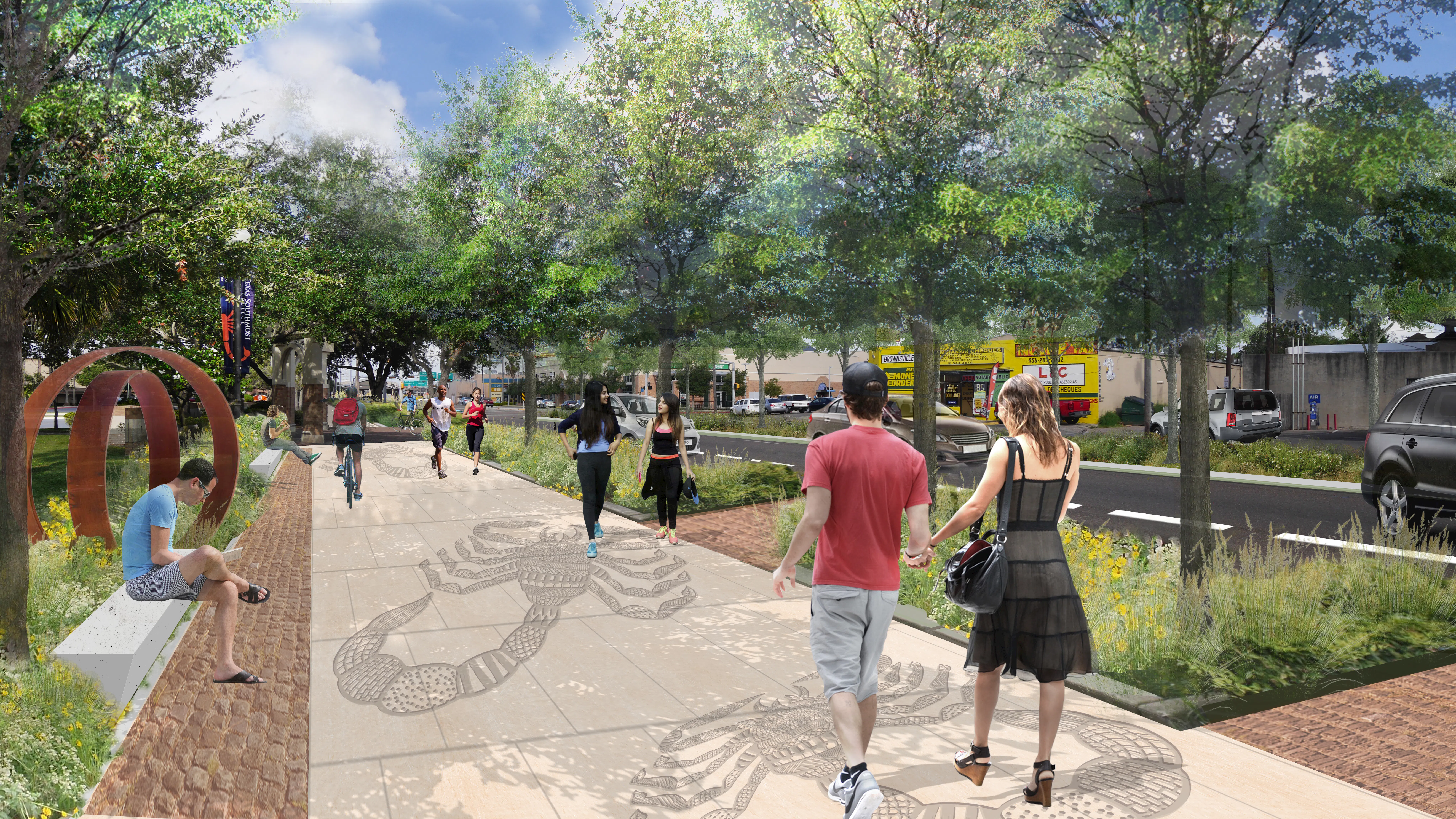 Rendering of a wide pedestrian path with scorpion etching lined with benches and large planting buffers
