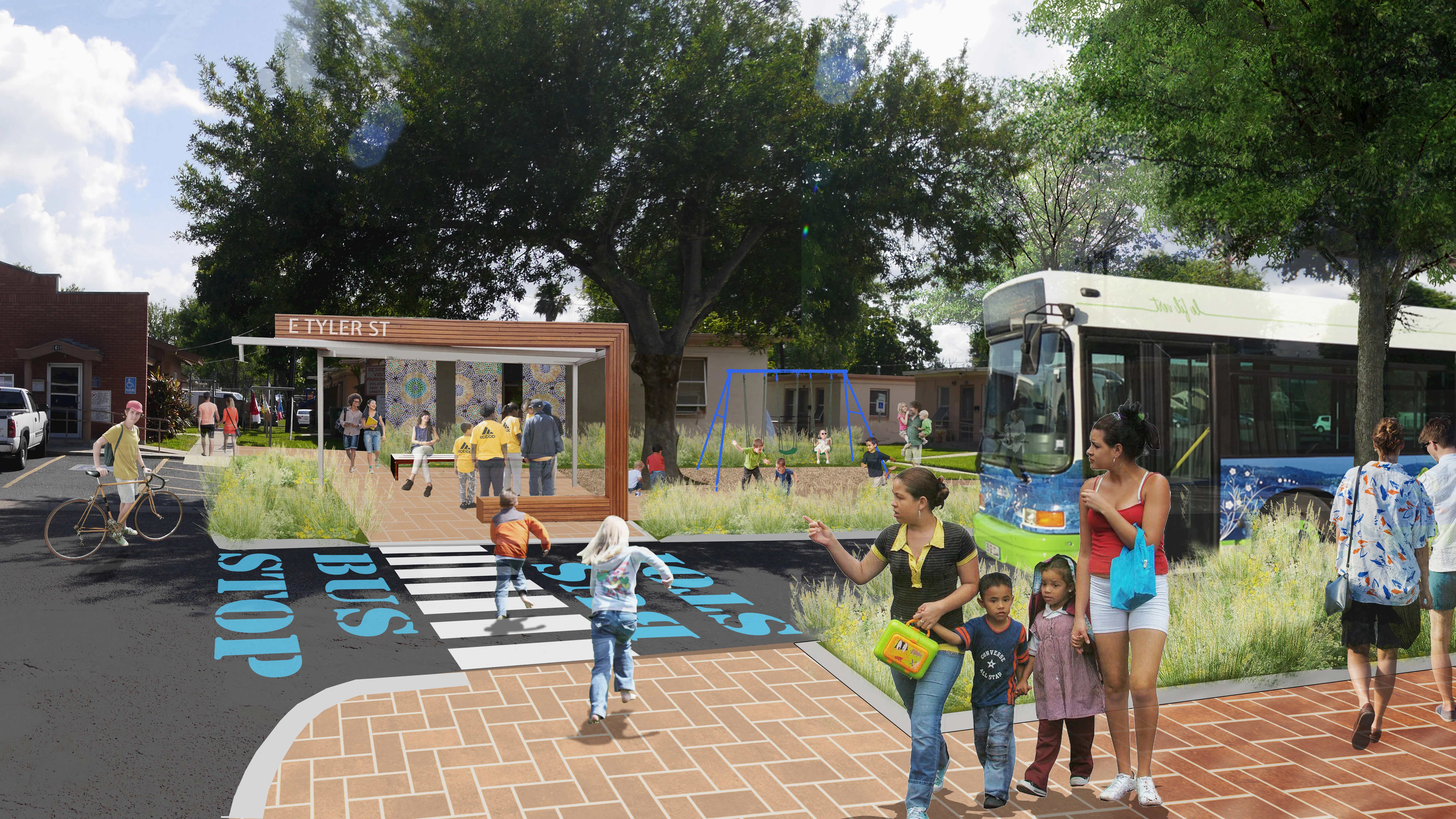 Rendering of a crosswalk near a bus stop near a school