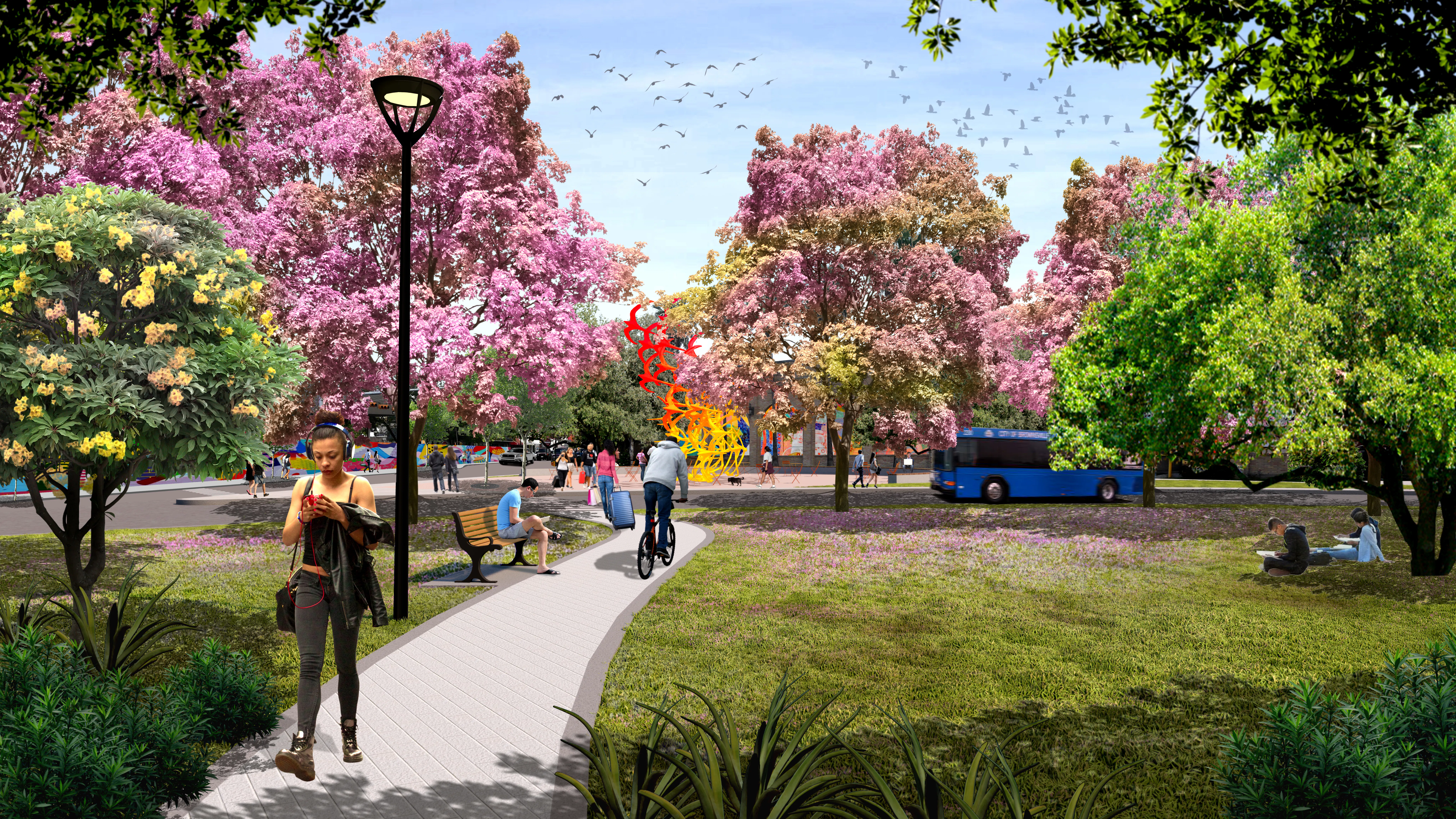 Rendering of pedestrian path with a fiery bird monument in the distance