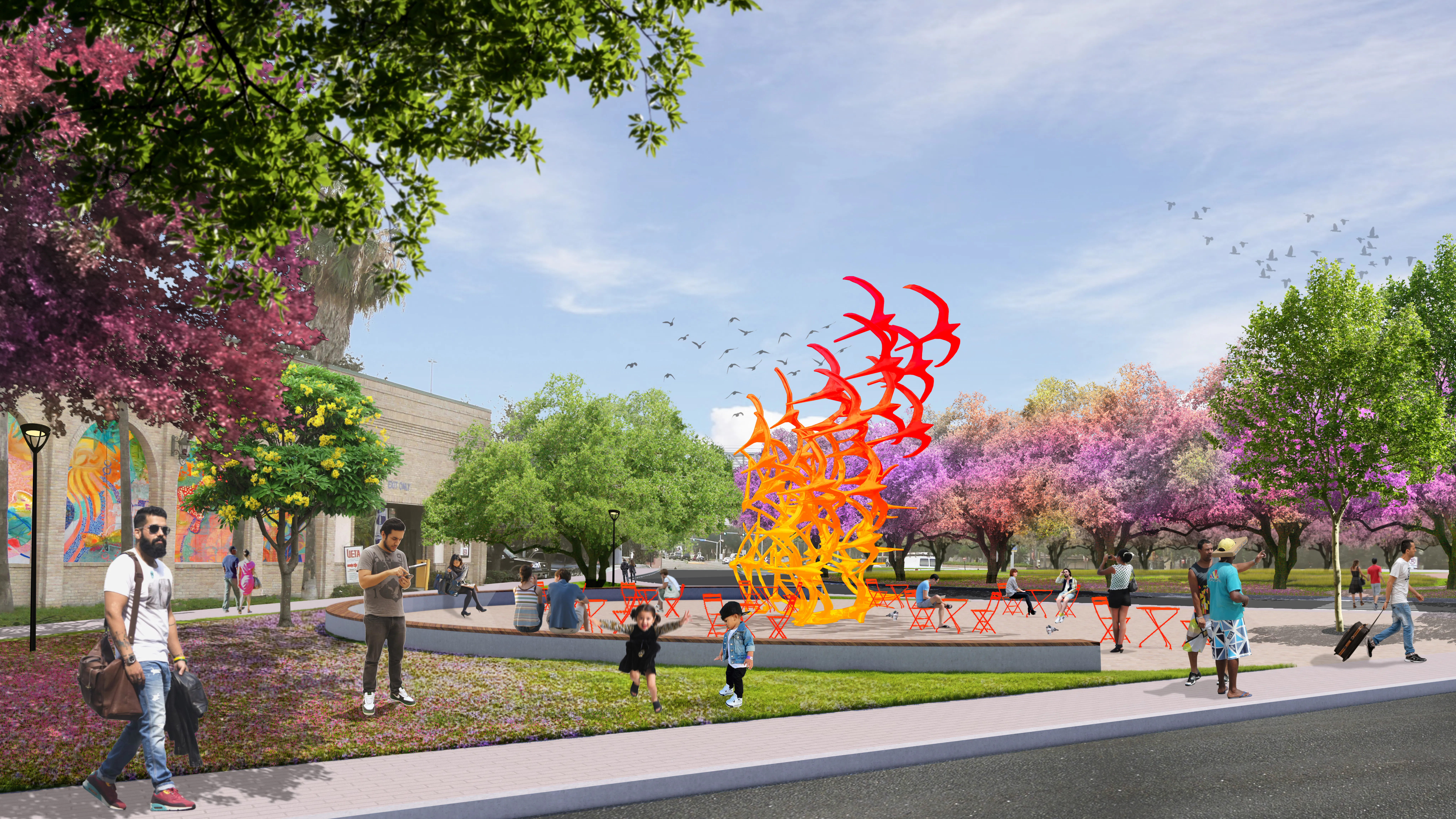 Rendering of plaza with fiery bird monumeny with people walking