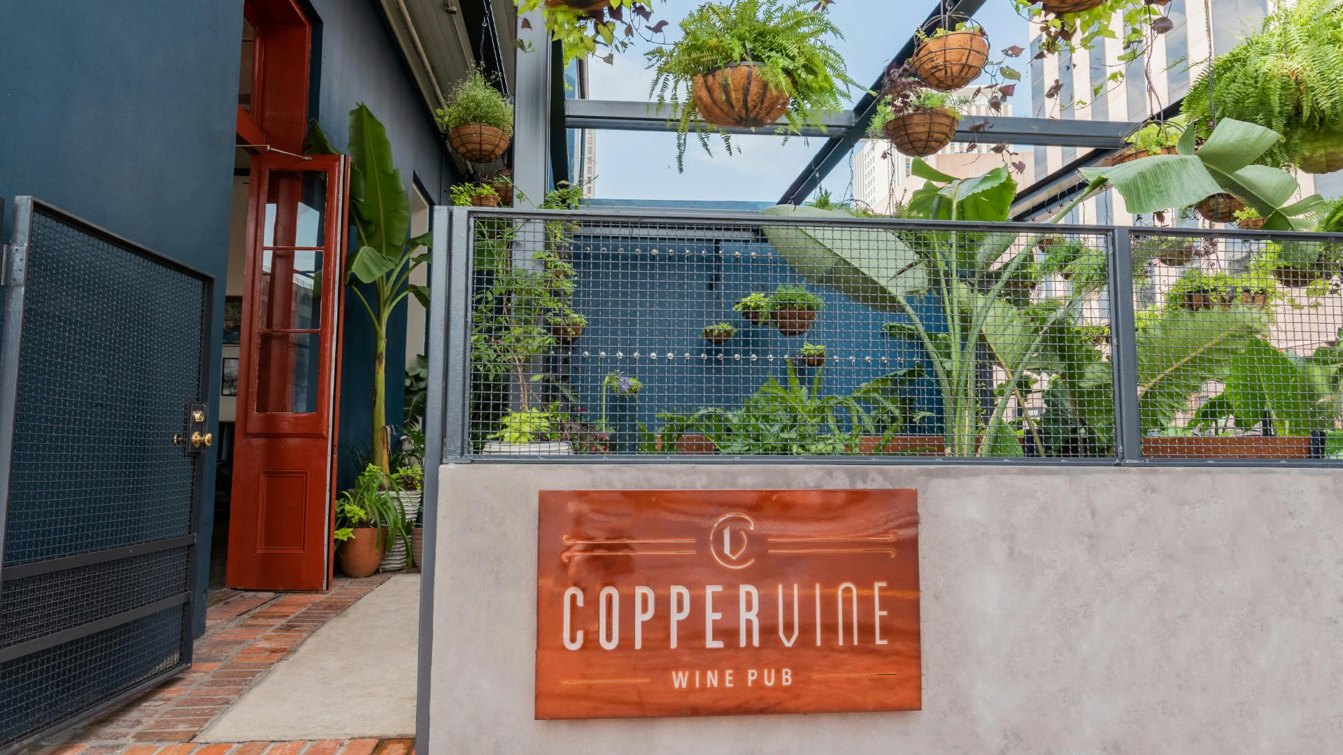 Coppervine sign attached to concrete wall with lush tropical planting from courtyard in the background.