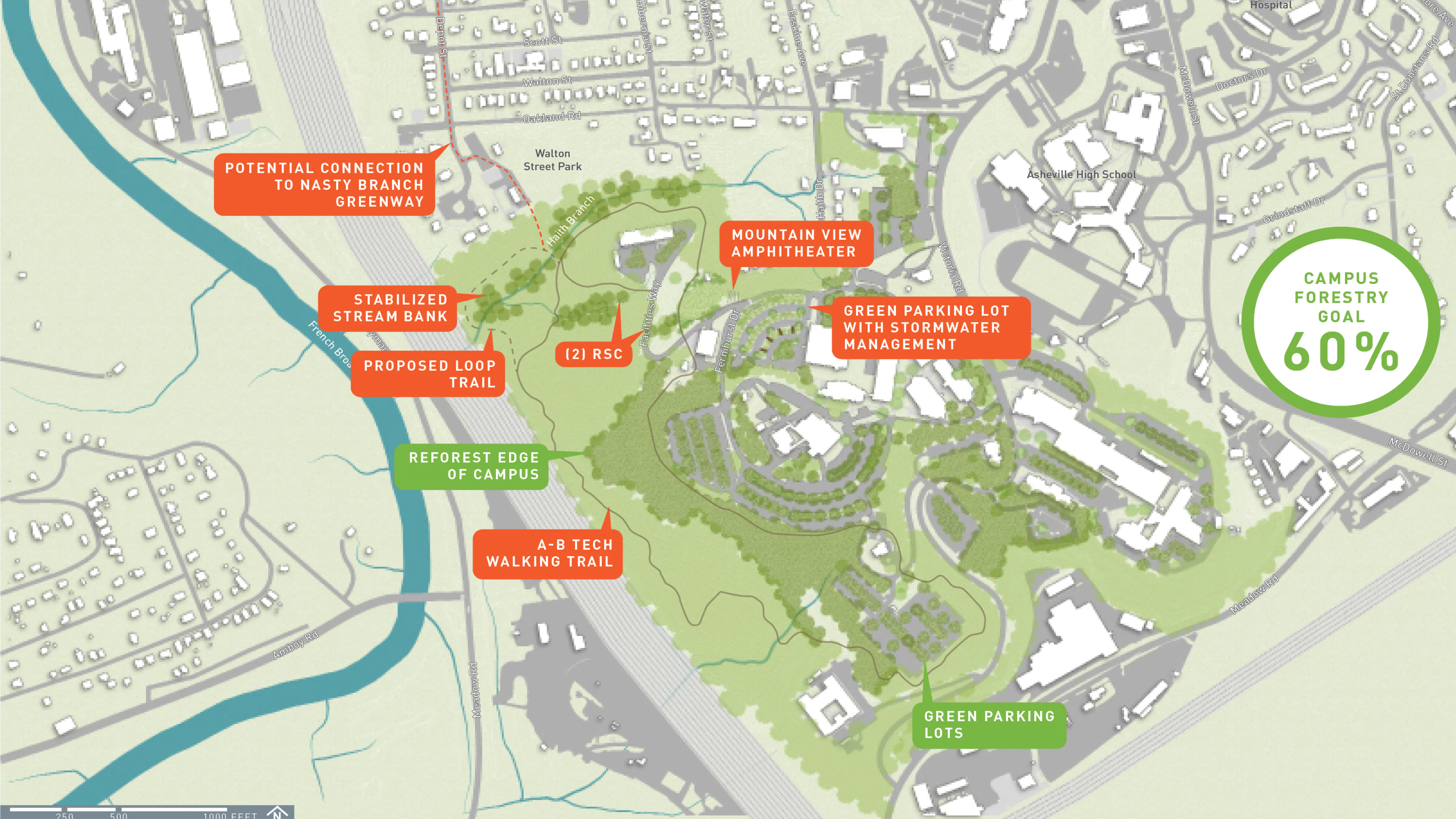 map of campus with labeled improvements and forestry goal listed