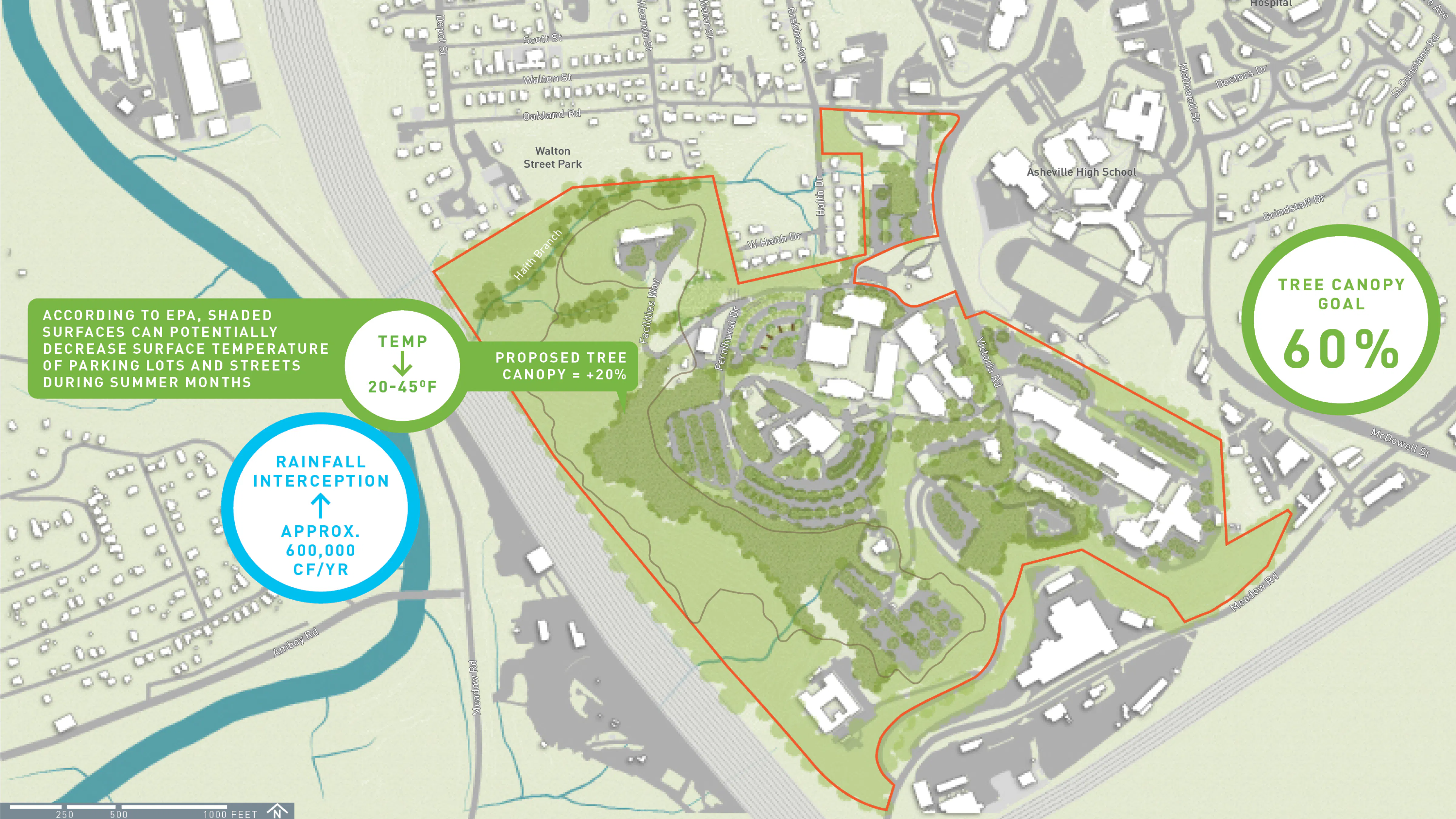 map of campus with annual rainfal and notes regarding how to lower temperature