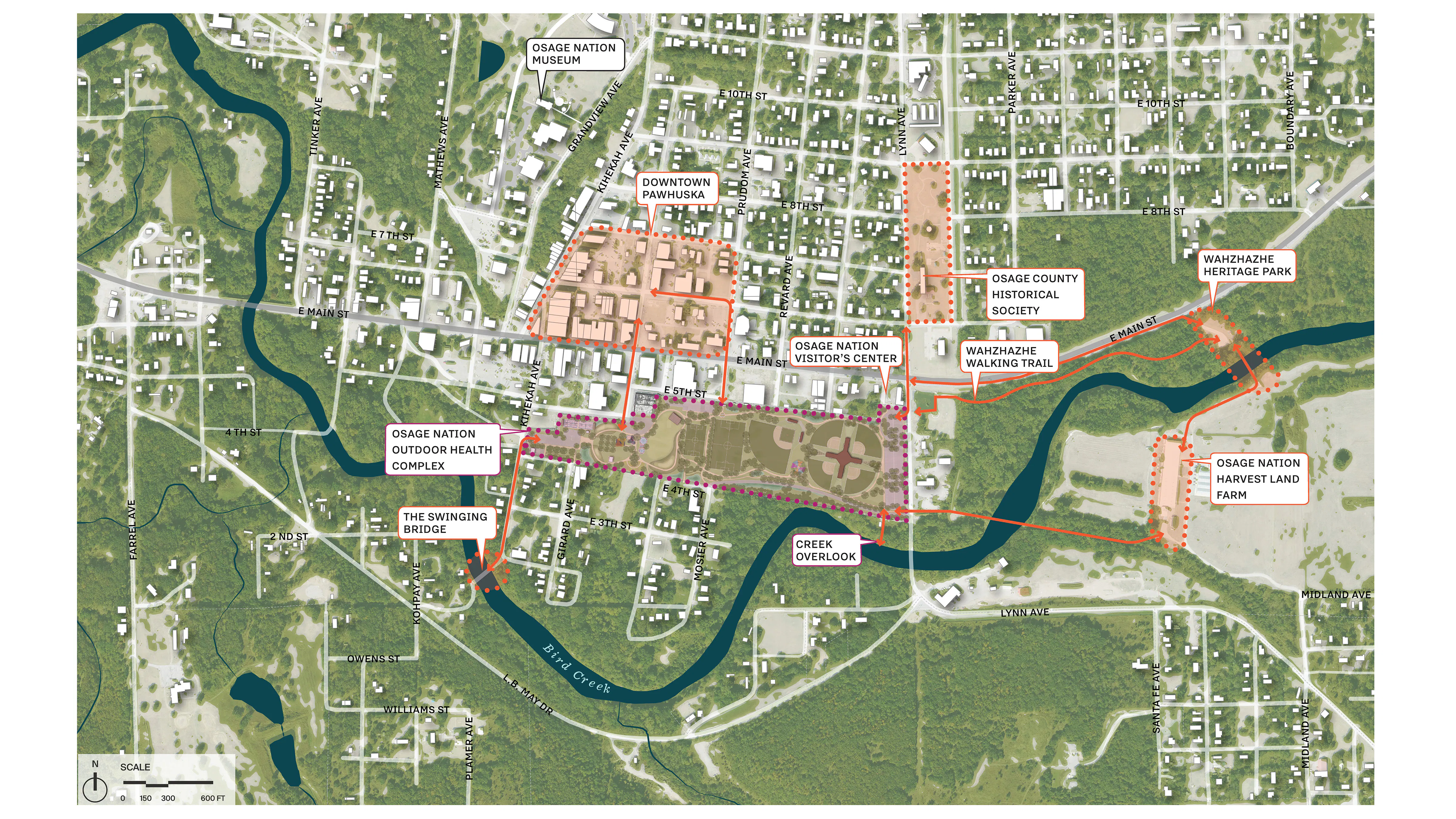 Map showing the connection between the Outdoor Health Complex and nearby amenities in downtown Pawhuska