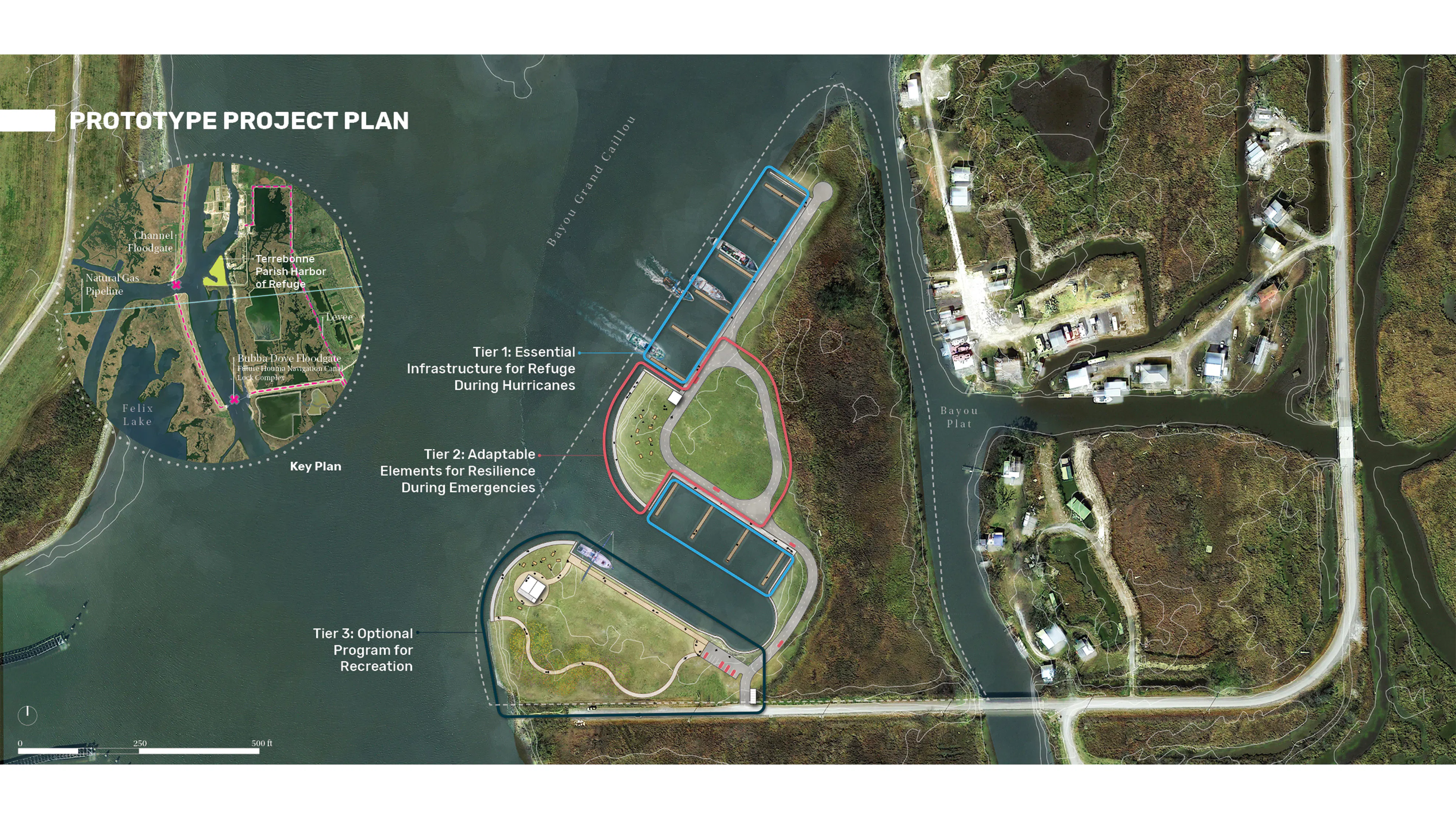 Map of project with design intensions superimposed on an aerial image.
