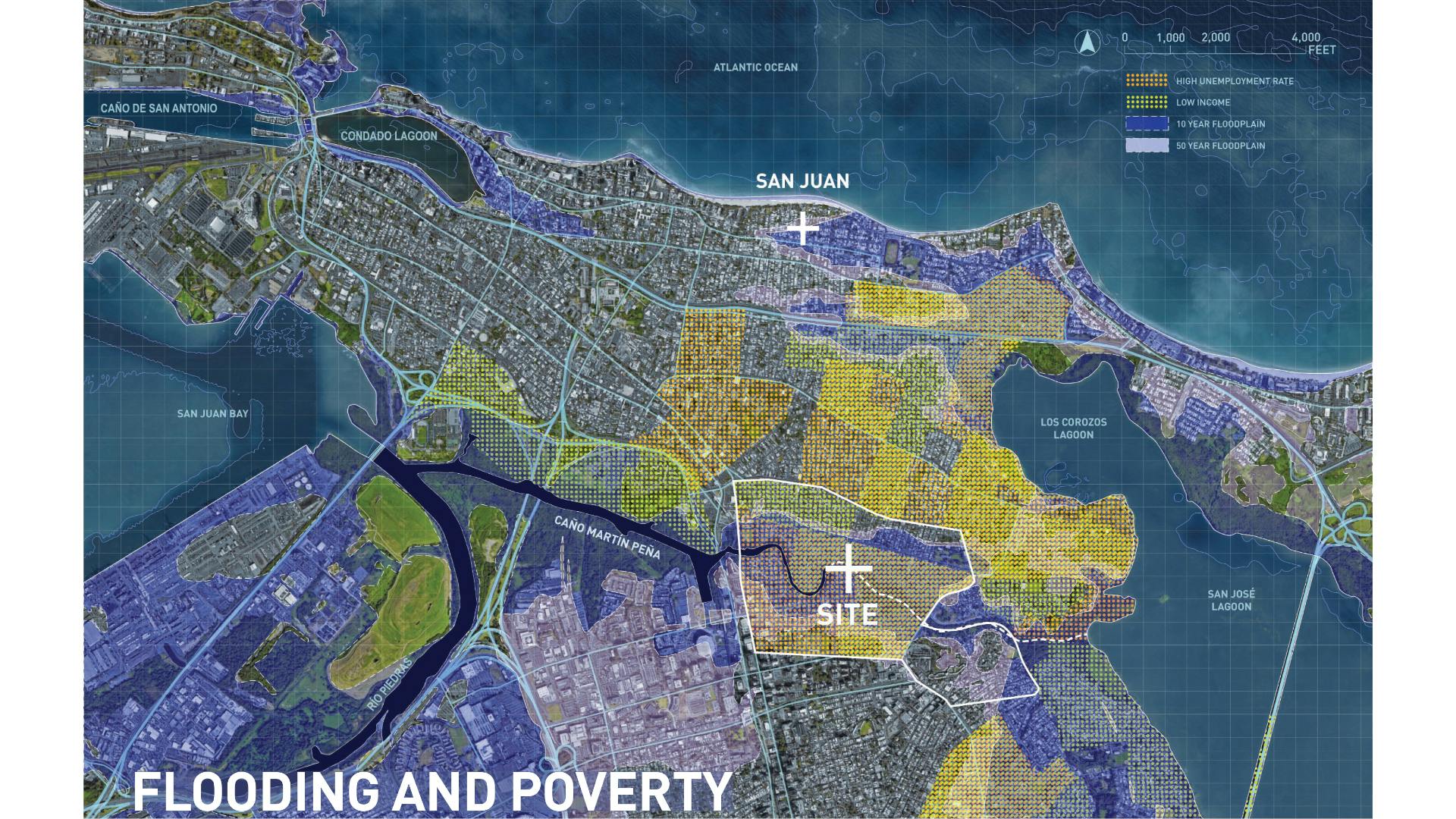 Plan illustrating site boundary, revealing majority low income located within the 10 and 50 year floodplain.