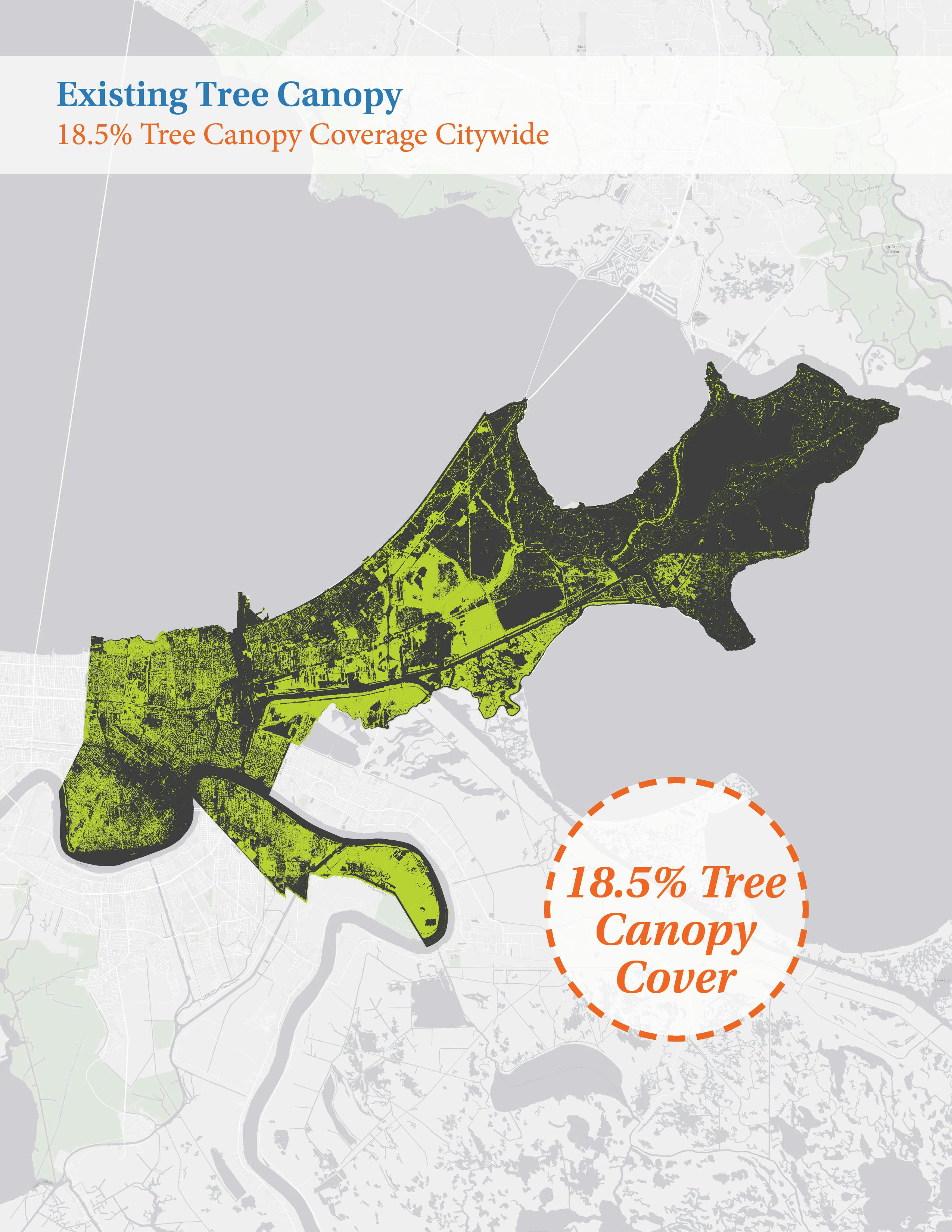 A map illustrating existing trees provides only 18.5% tree canopy cover for the city of New Orleans. 