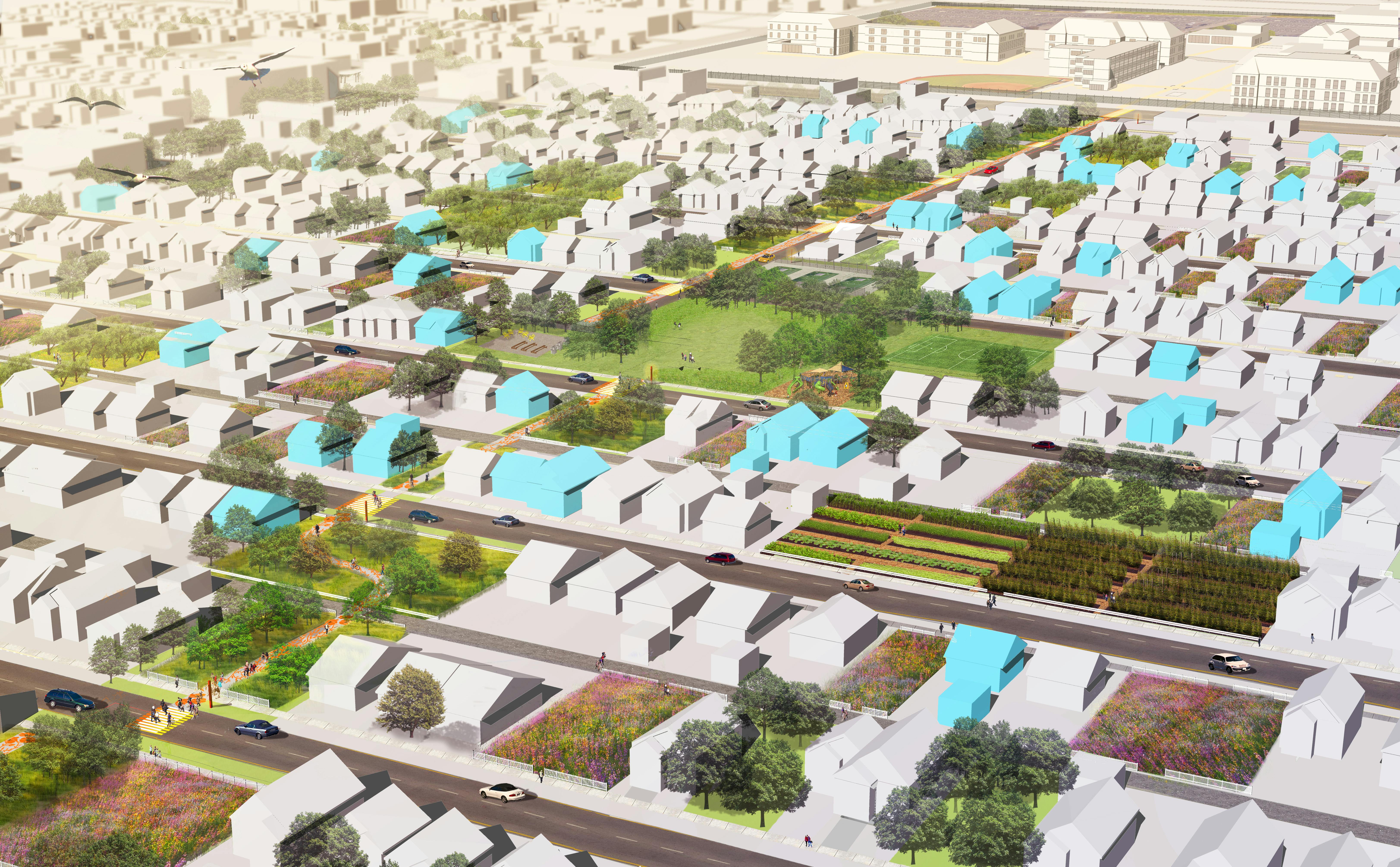 Bird's eye view rendering of Fitzgerald neighborhood with proposed greenway and various landscape typologies implemented across vacant lots within neighborhood.