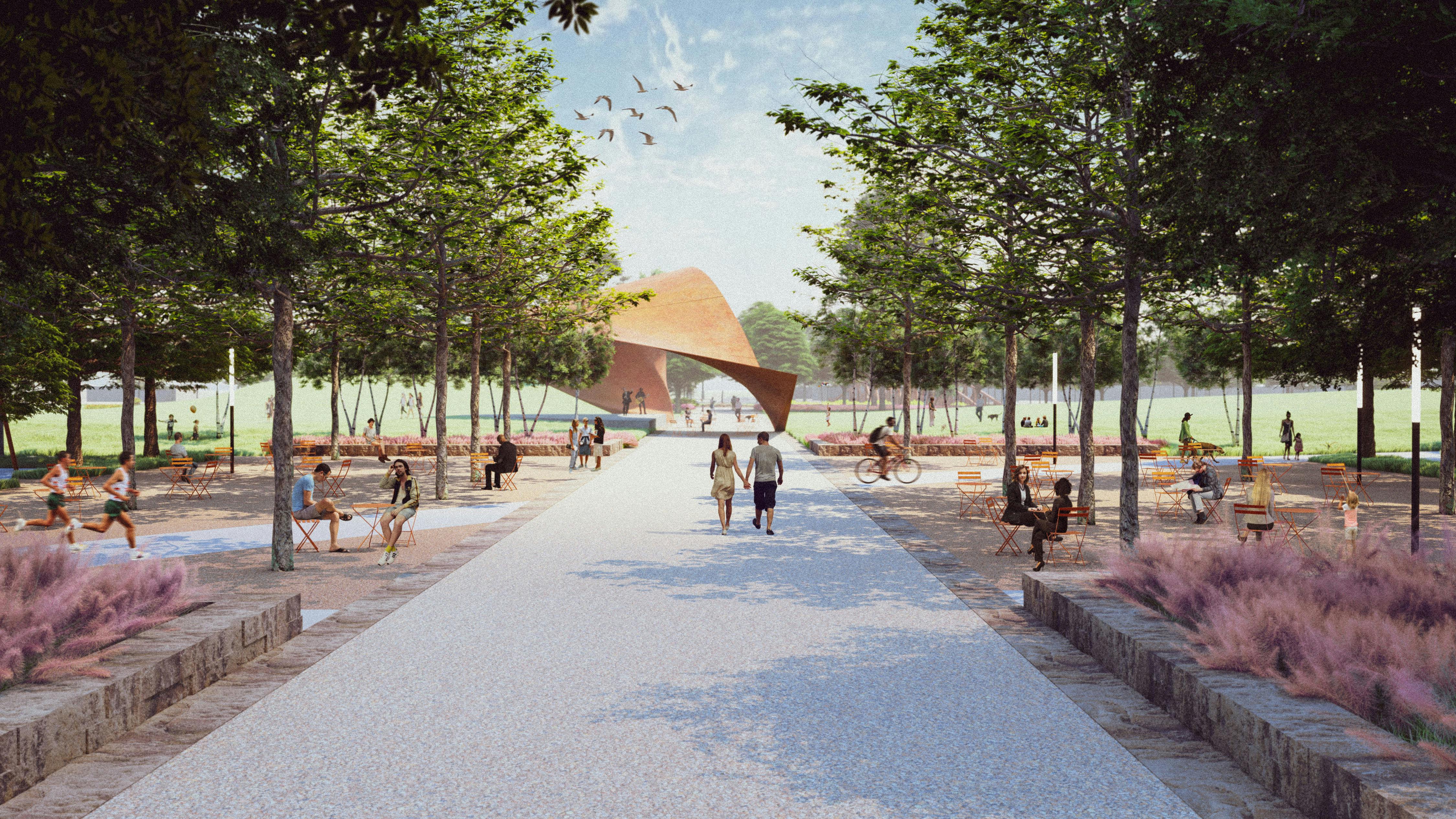 A perspective rendering of tree-lined central park path with cafe tables on both sides, people sit and enjoy the serene atmosphere, with performance pavilion in the background.