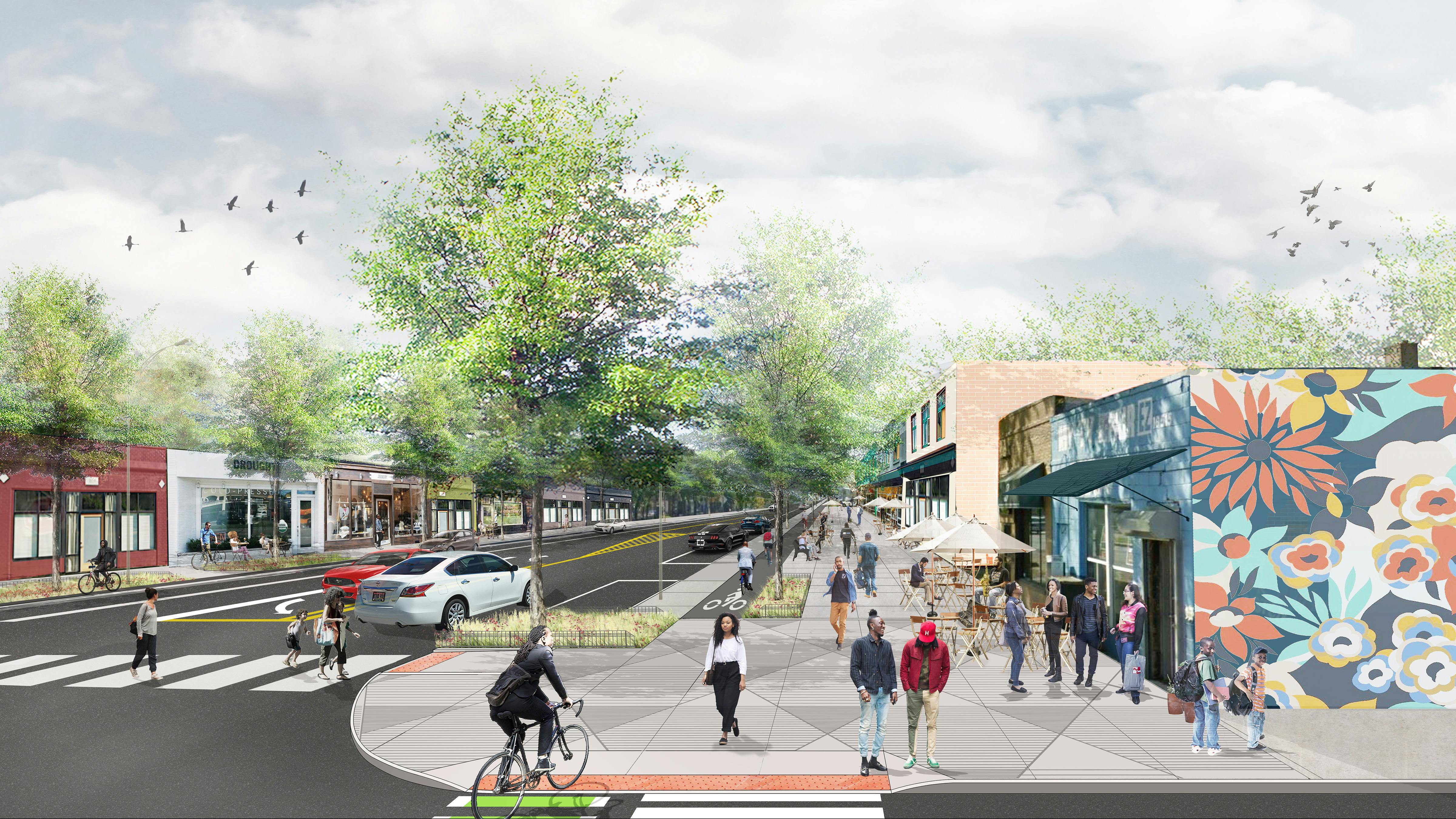 Perspective rendering transforming livernois with reduced drive lanes, planted bump outs at street corner, bike lane dividing roadway and pedestrian sidewalk, planting beds with trees dividing bike lane and sidewalk with enough room for vibrant storefronts.