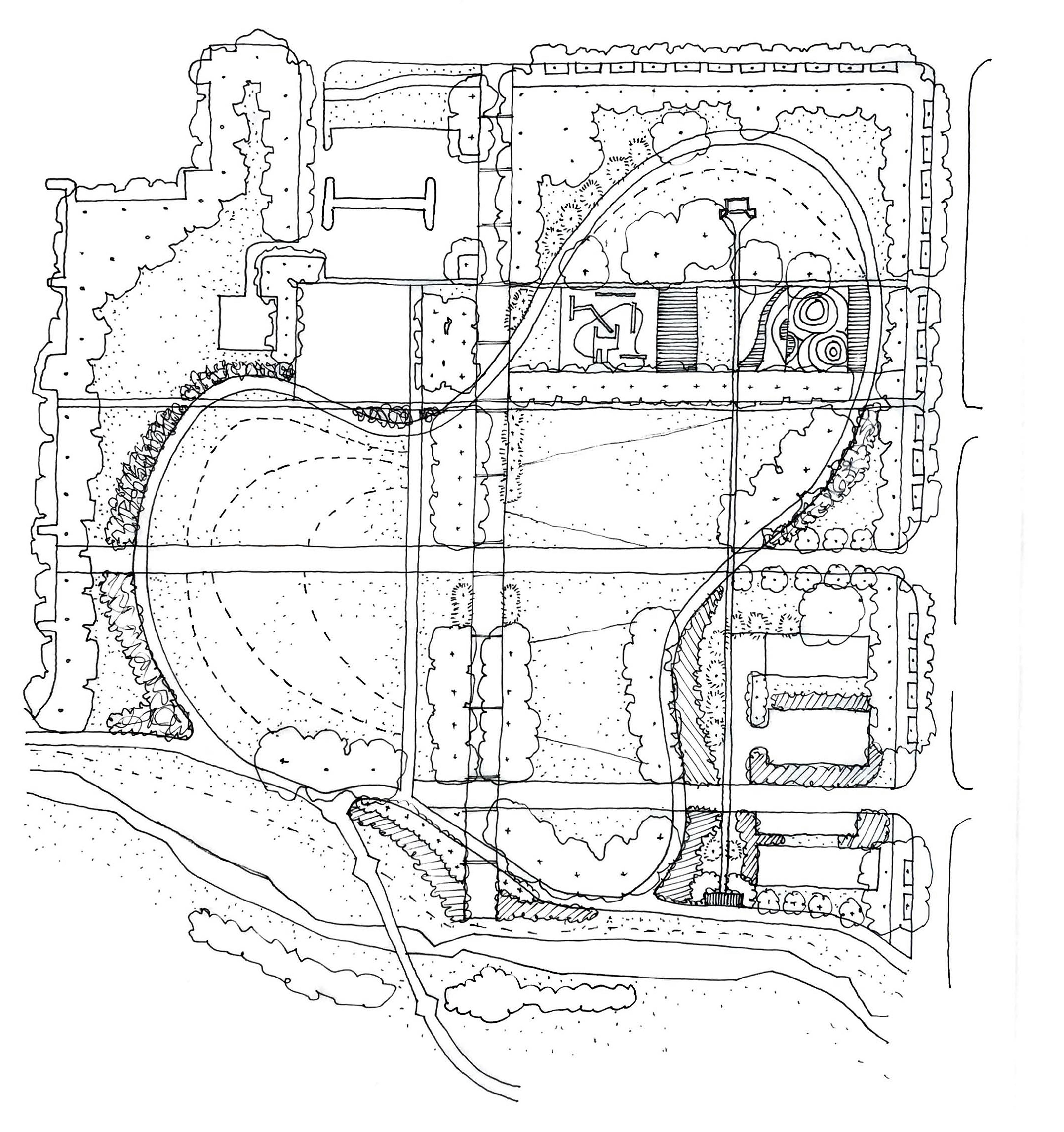 Original black and white hand sketch site plan of Luther George Park.