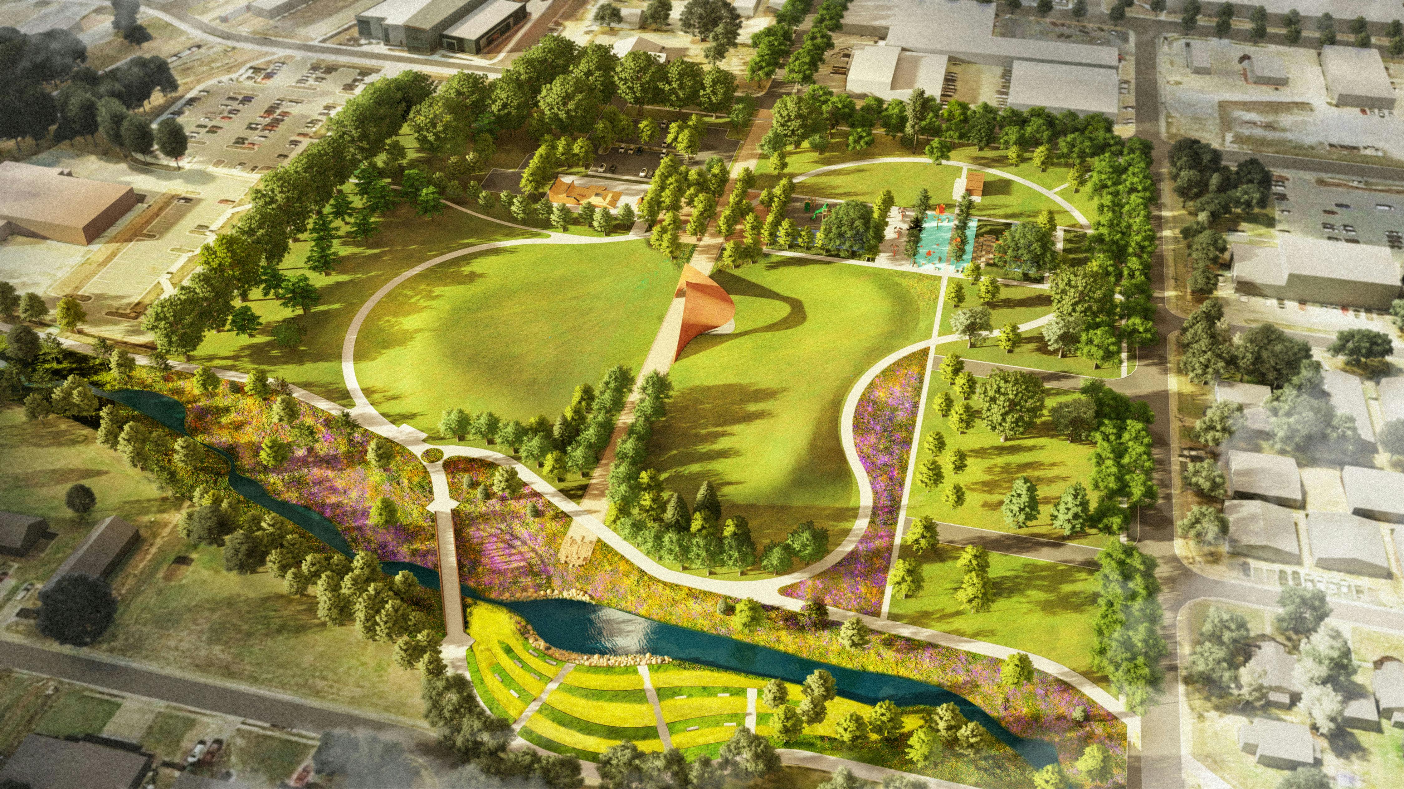 Bird's eye perspective rendering of park development plan showcasing a centrally located performance pavilion, a main park path leading to an existing creek, a meandering path, newly designed playground, integrated into park's landscape.