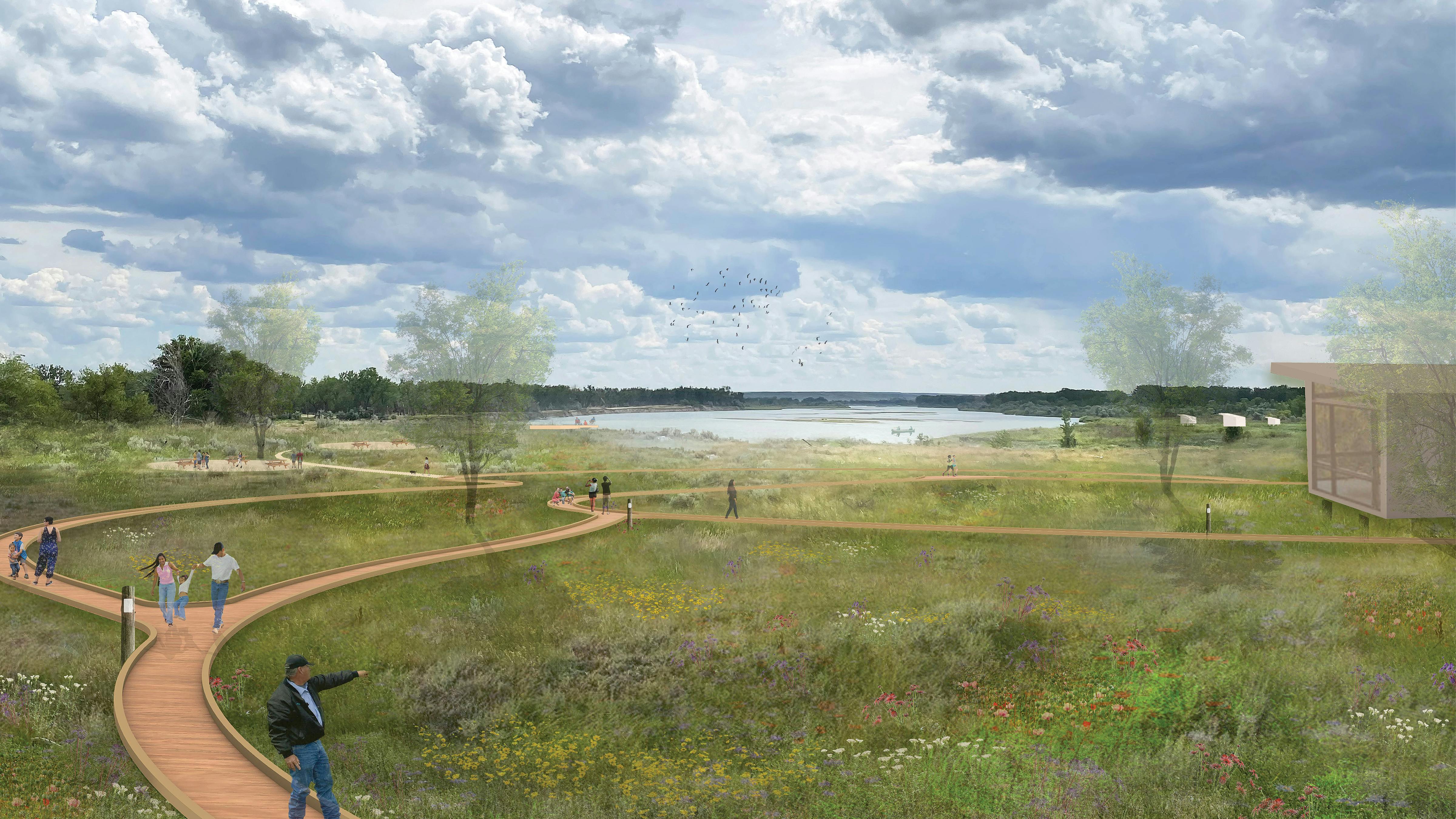 Rendering of Nature Park with raised boardwalk walkways and natural landscape next to river.
