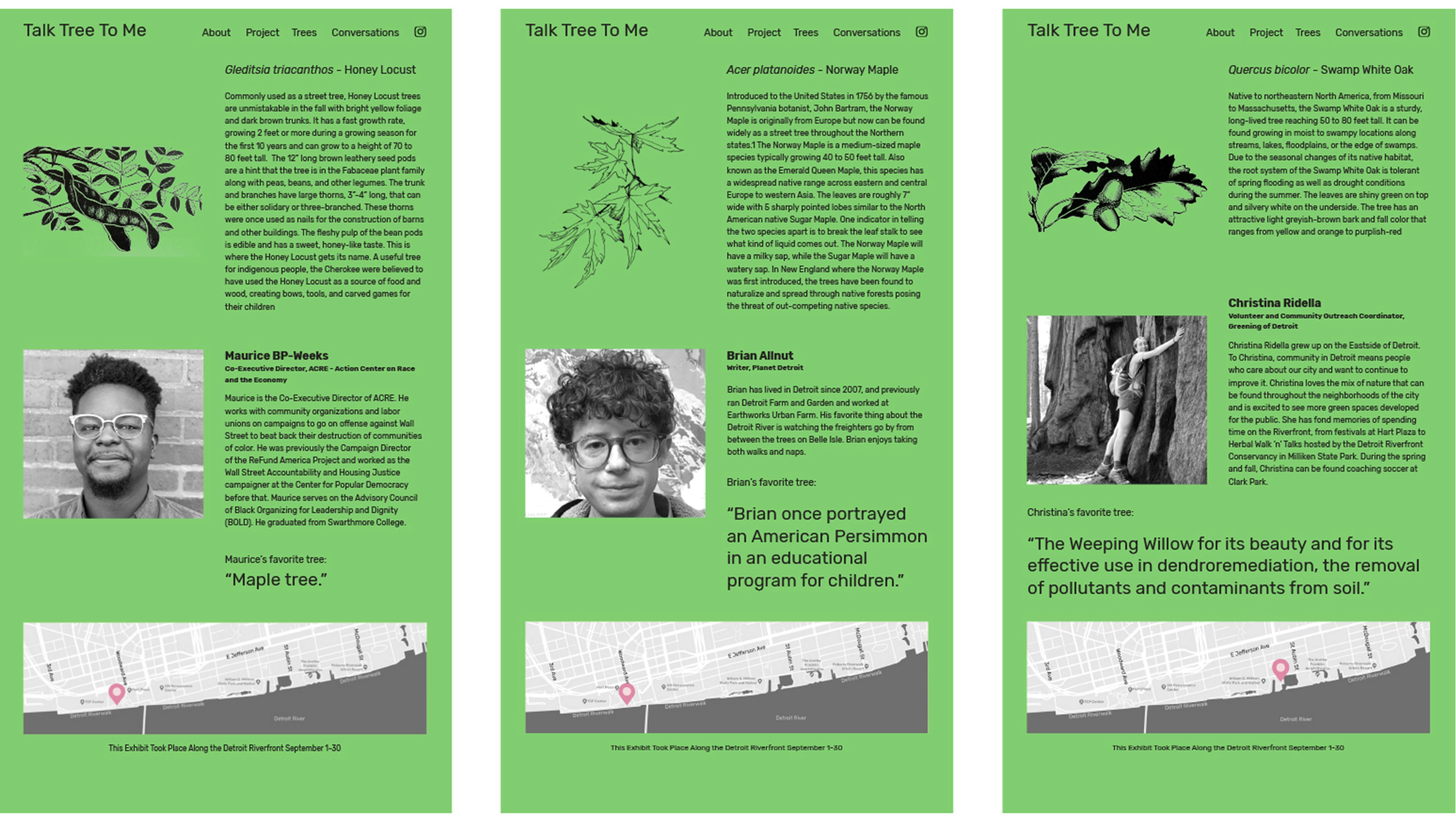 Voices behind Honey Locust, Norway Maple, and Swamp White Oak with a map illustrating their location on the riverfront and a short description of the people behind those voices.
