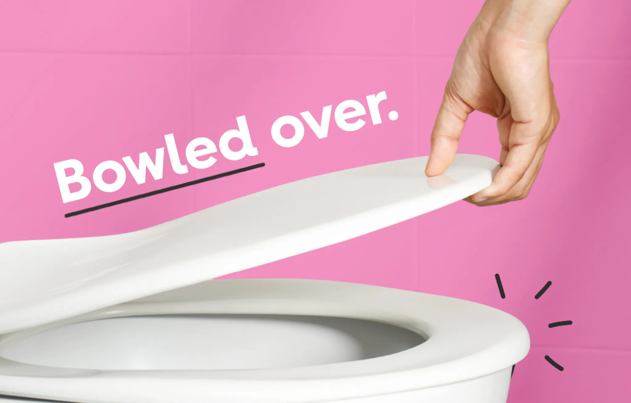 hand lifts toilet lid, text: bowled over.