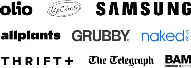 brand logos: olio, UpCirlce, Samsung, allplants, grubby, naked wines, thrift+, The Telegraph, BAM bamboo clothing