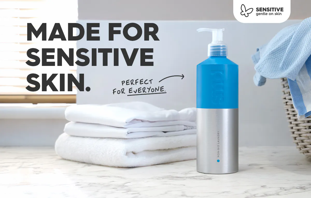 smol laundry liquid in aluminium bottle, text: made for sensitive skin. perfect for everyone.