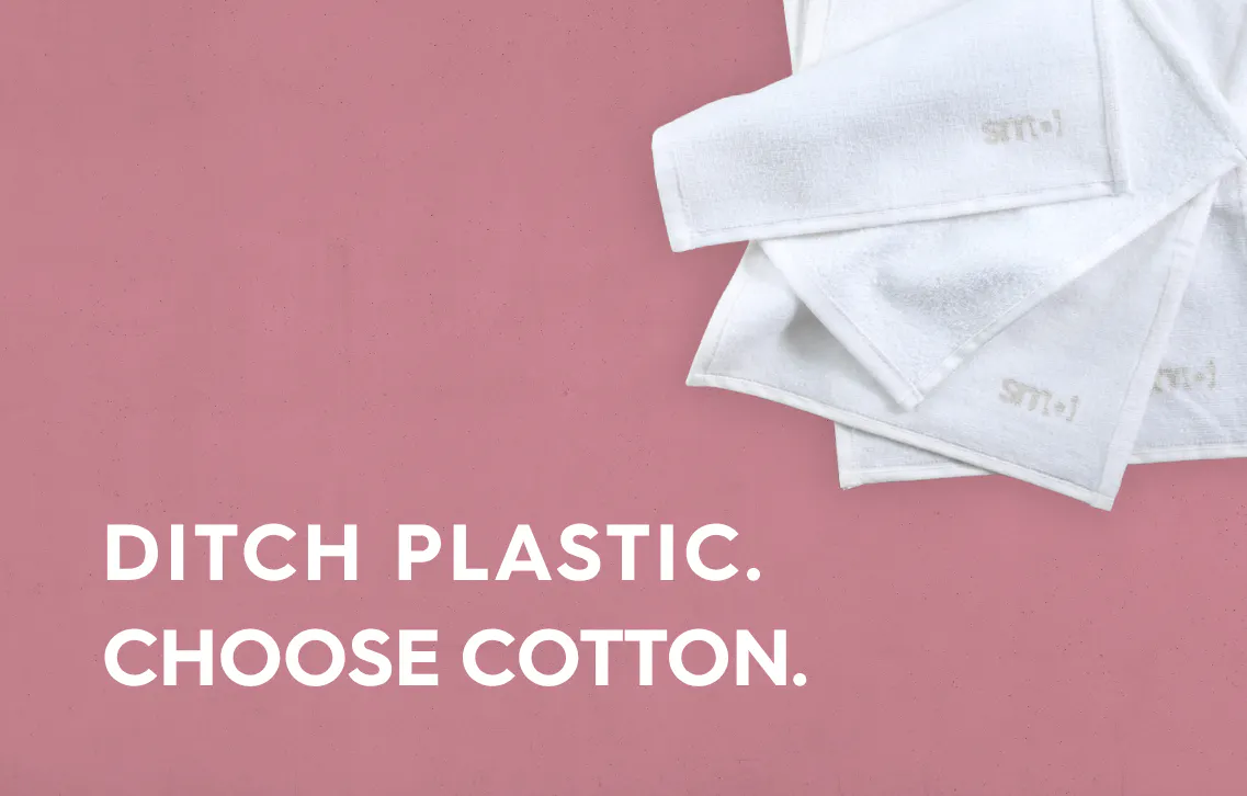 cotton cloths on pink background, text: ditch plastic, choose cotton.
