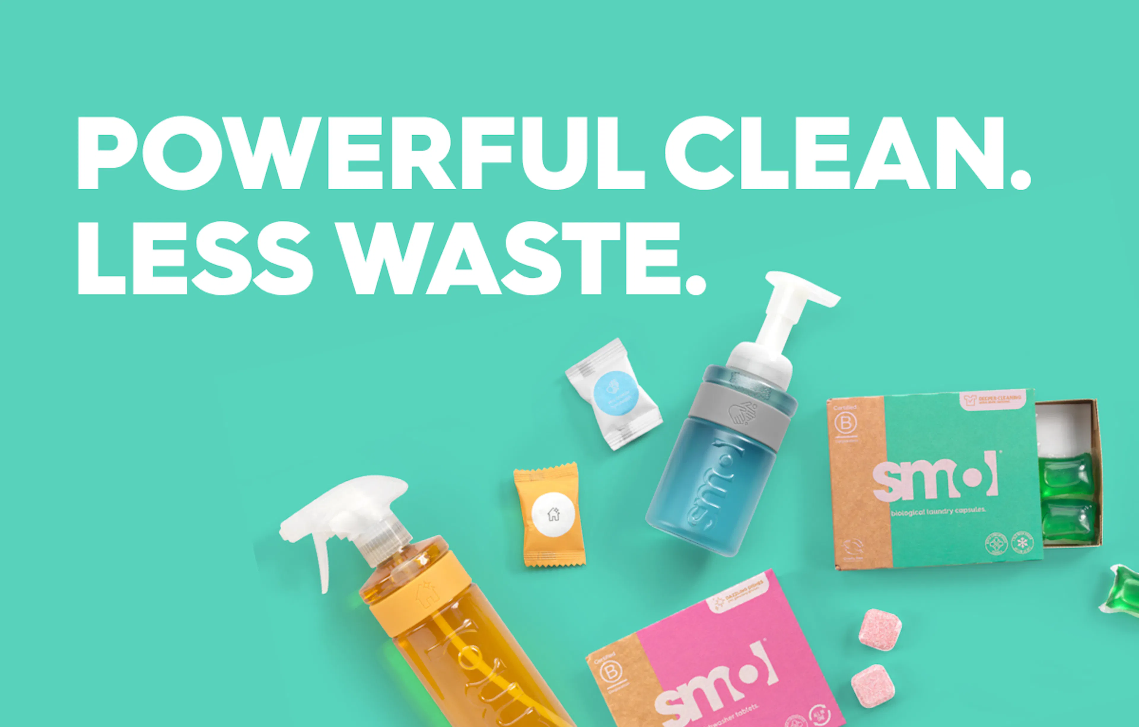 text: powerful clean. less waste.