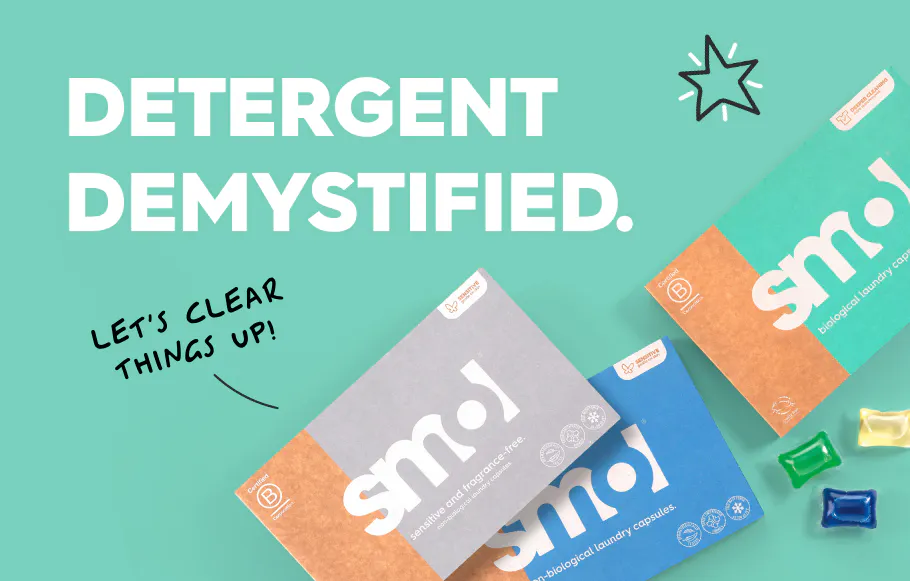 smol laundry capsules with text: detergent demystified, lets clear things up