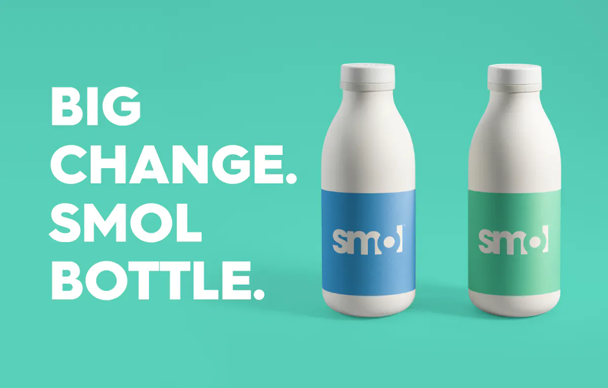 two pulpex bottle mock ups, text reads: big change. smol bottle.