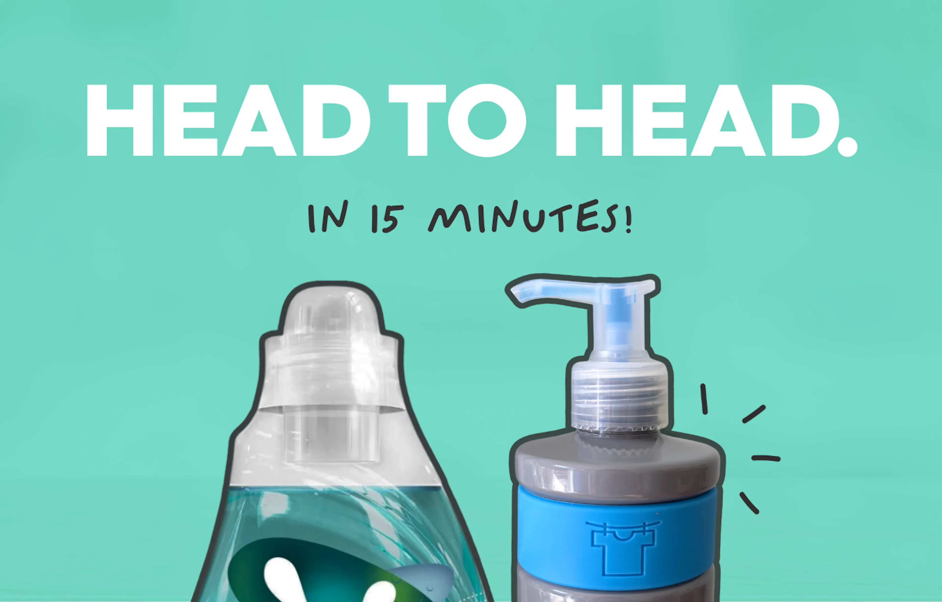 tops of persil wonderwash and smol laundry liquid bottles. text: head to head in 15 minutes