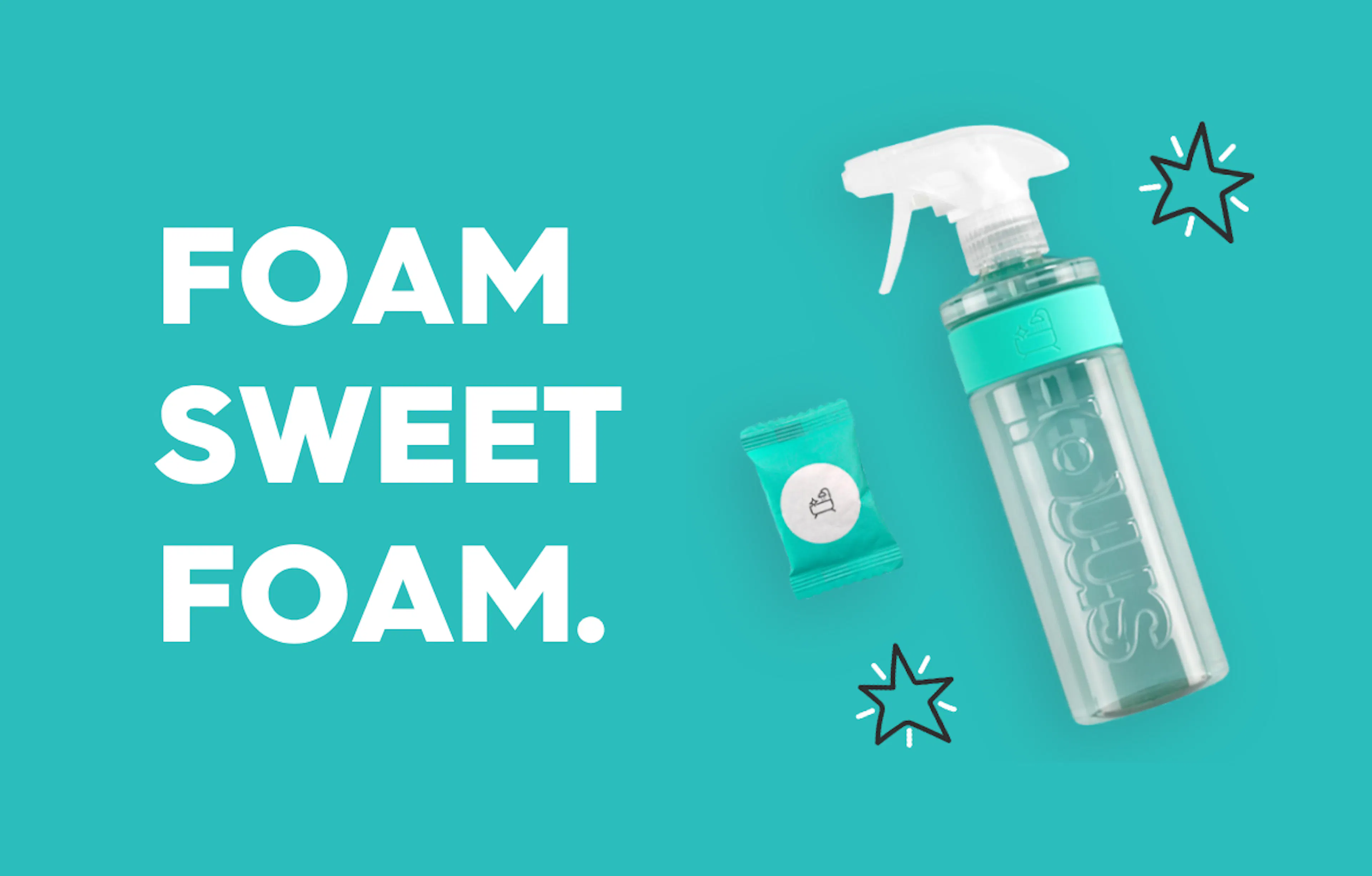 smol bathroom spray, text reads: foam sweet foam. 