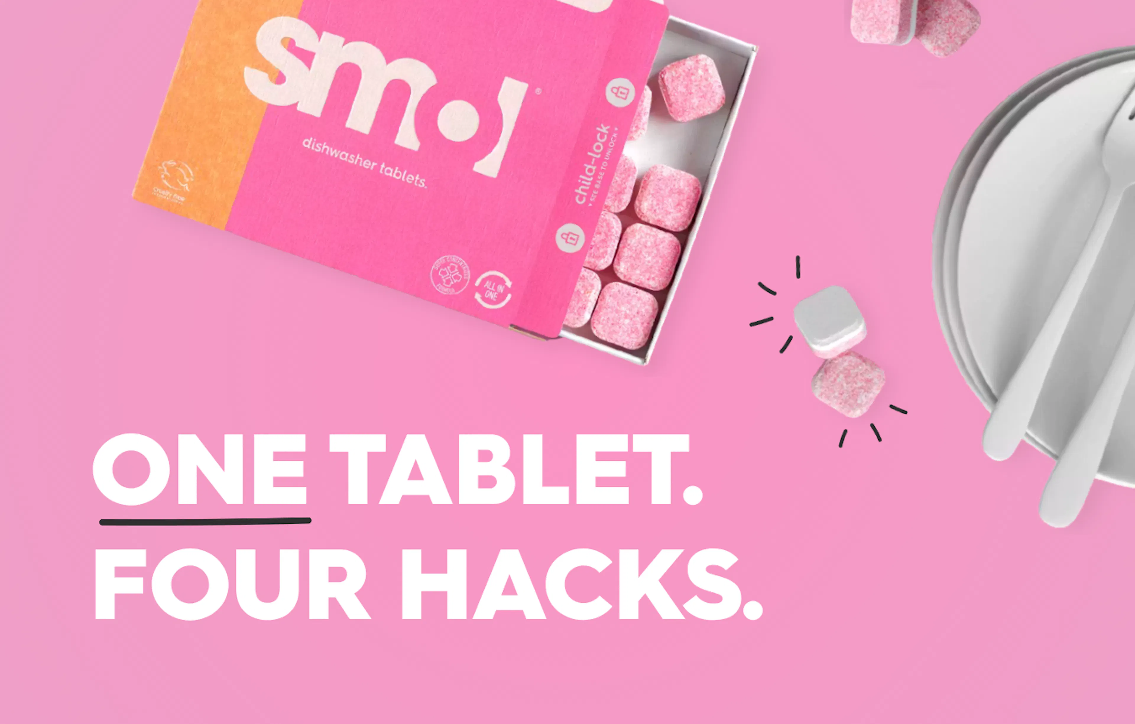 smol dishwash tabs on a pink background, text reads: one tablet, four hacks