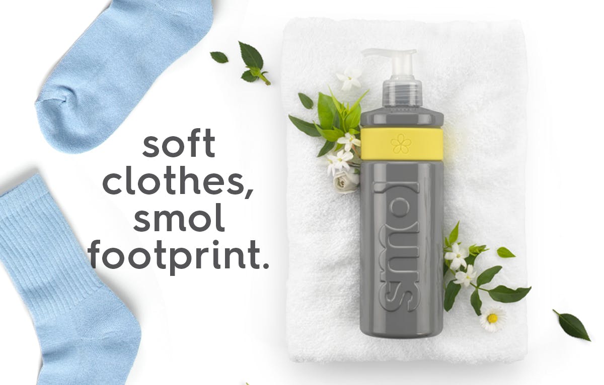 smol fabric conditioner. text: soft clothes, smol footprint