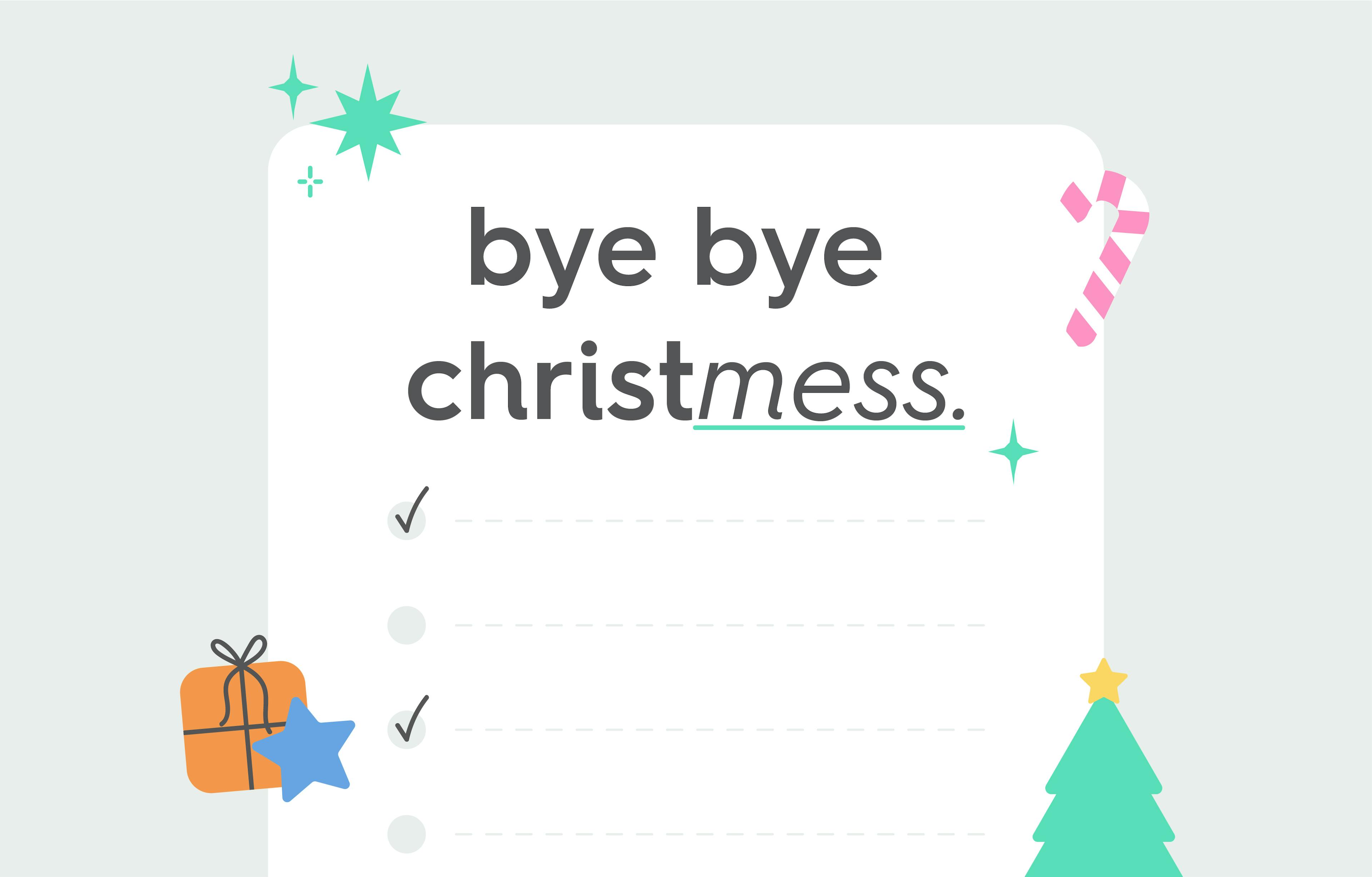 checklist with text and christmas icons text: bye bye christmess
