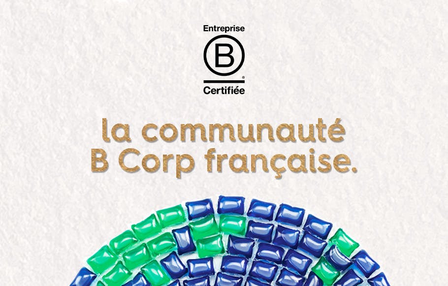 partie d'une mapemonde formée par des capsules bleues et vertes sous le texte « la communauté B Corp française » et le label B Corp certifié.