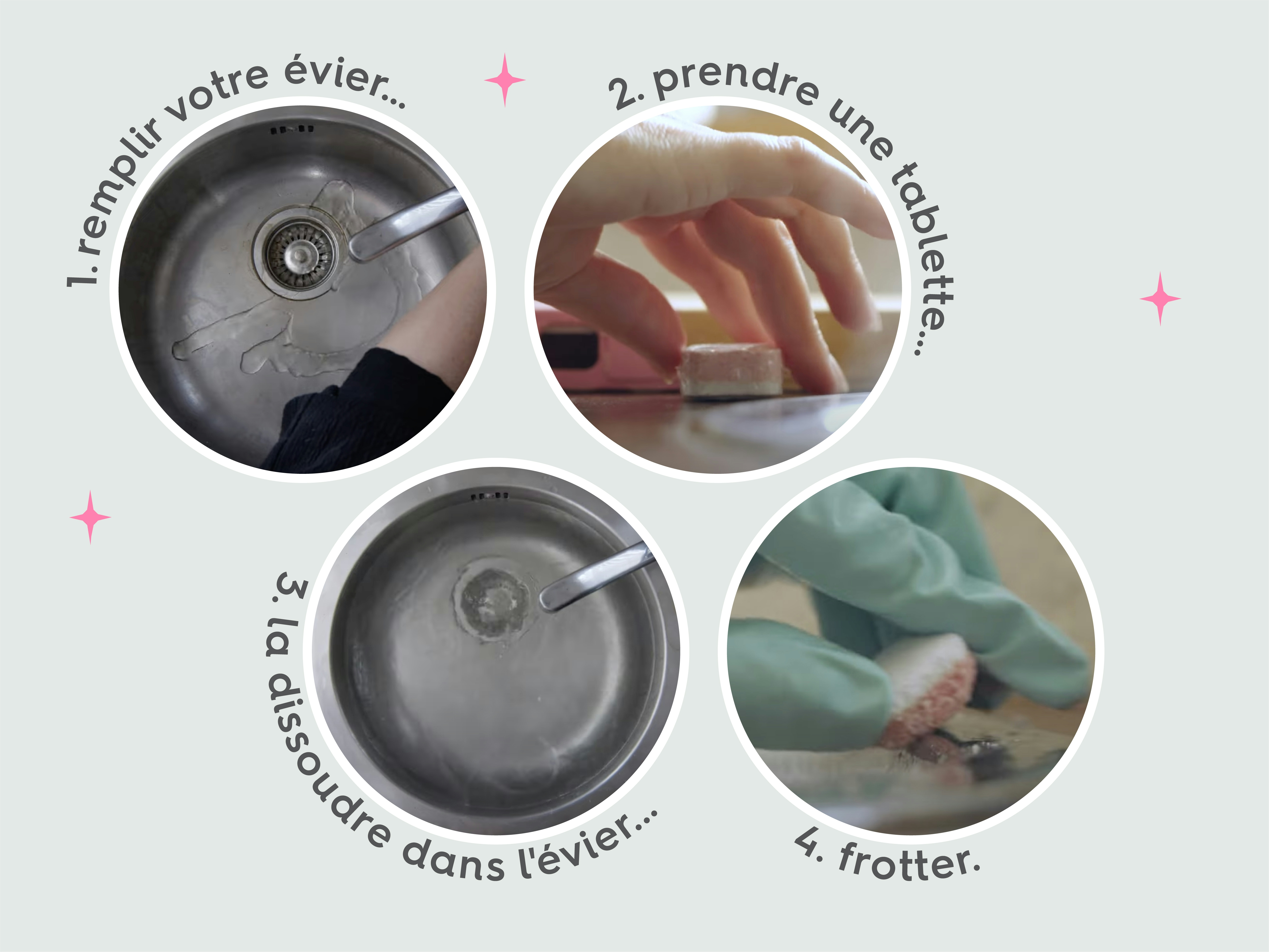 illustration en photo des 4 étapes nécessaire pour nettoyer un évier en acier à l'aide d'une tablette lave-vaisselle.