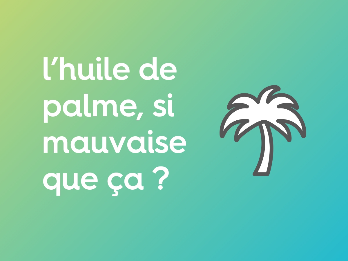le texte « l'huile de palme, si mauvais que ça ? » à côté de l'illustration d'un palmier sur un fond en dégradé de vert claire vers bleu.