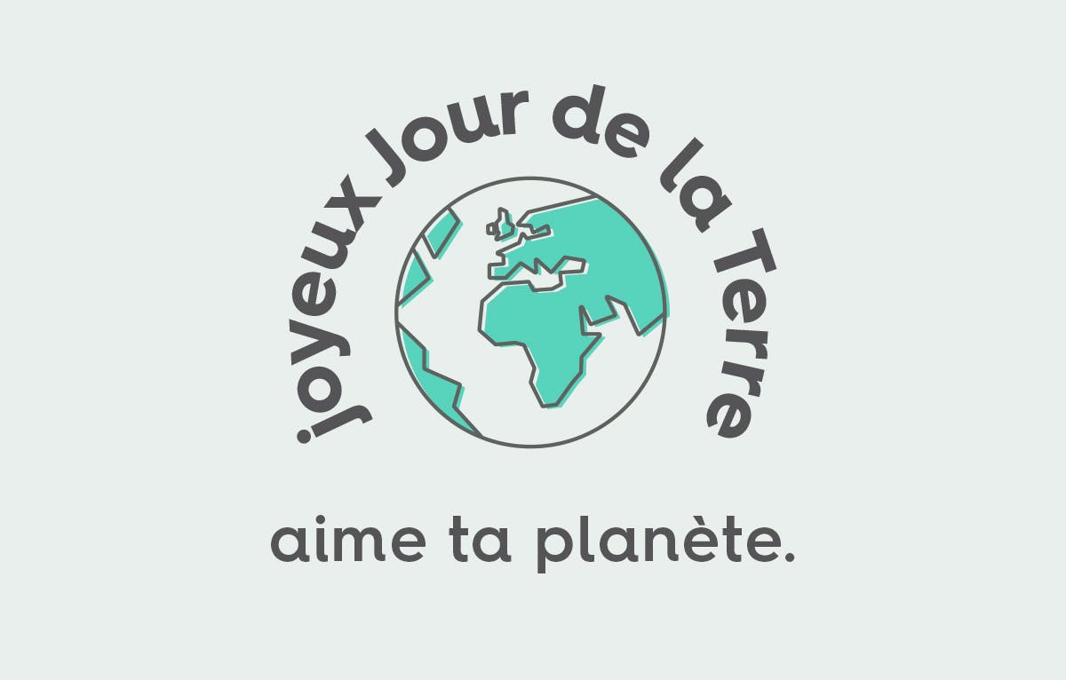 illustration d'un globe terrestre avec les continents en verre et les océans en gris, entouré du text « joyeux jour de la terre » et « aime ta planète »