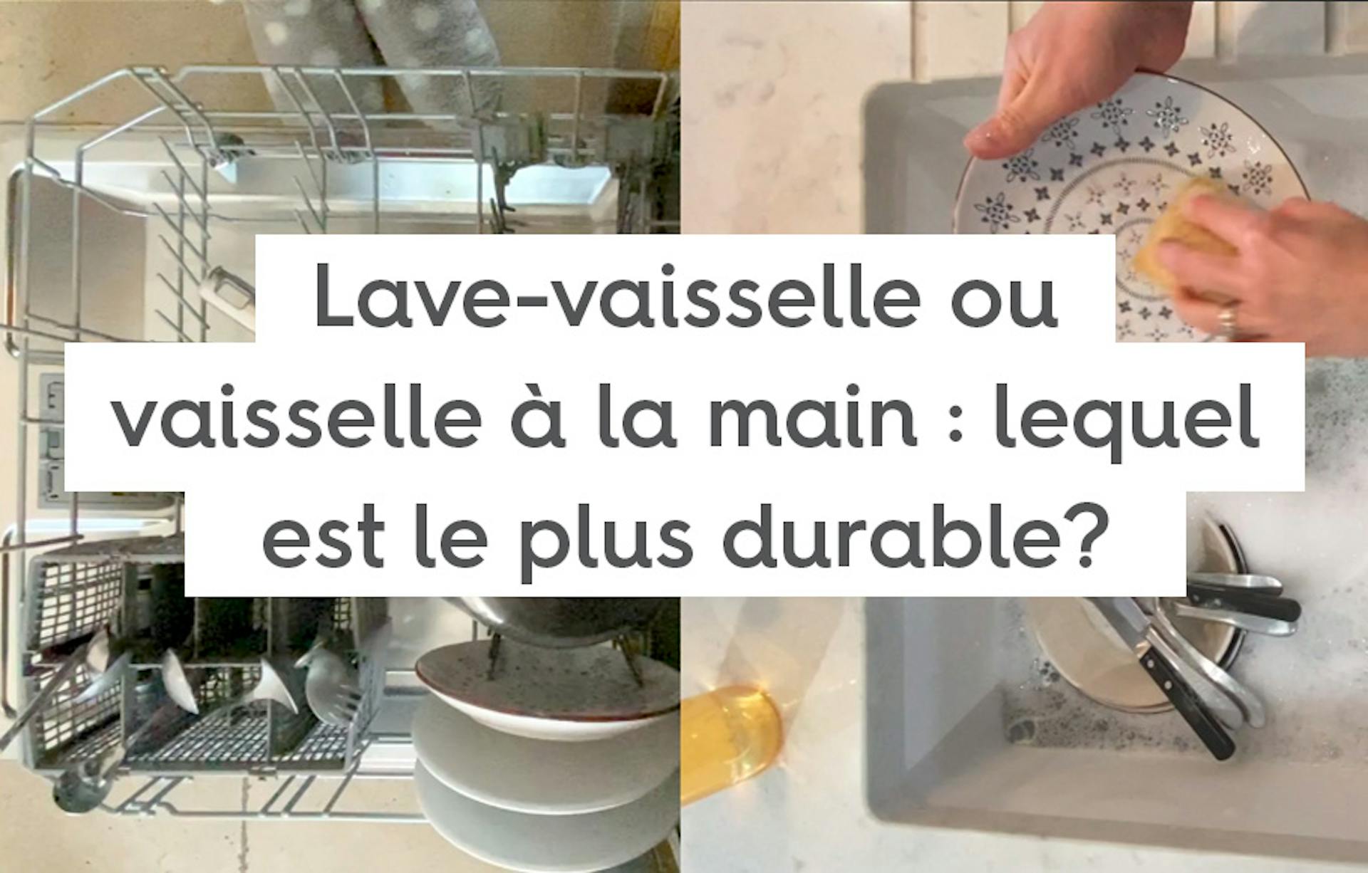 lave-vaisselle vu de haut et évier remplis d'eau savonneuse et de vaisselle sale, avec le texte « Lave-vaisselle ou vaisselle à la main : lequel est le plus durable »