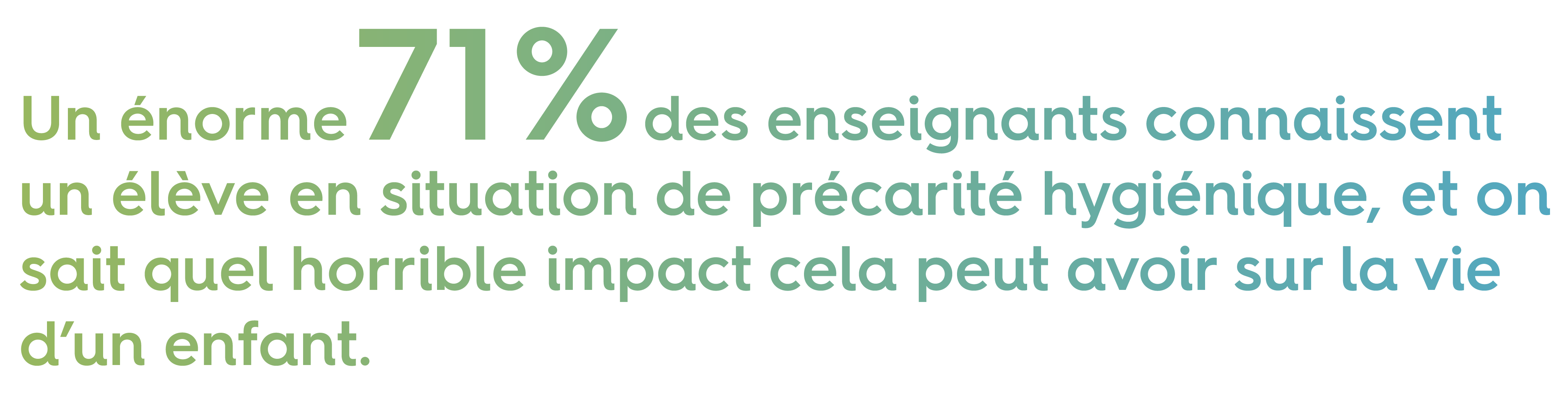 texte: Un énorme 71 % des enseignants connaisse un élève en situation de précarité hygiénique, et on sait quel horrible impact cela peut avoir sur la vie d’un enfant.