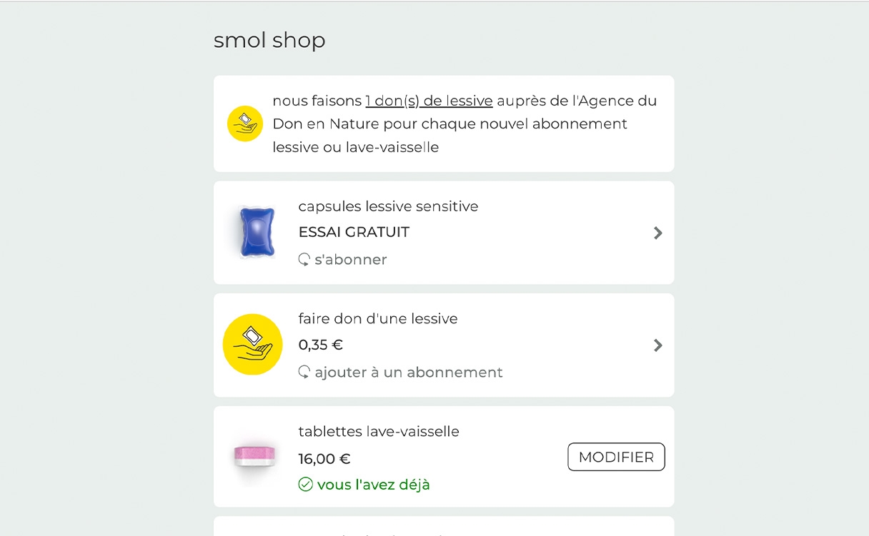 écran d'accueil du smol shop et différentes options d'achat et abonnements.