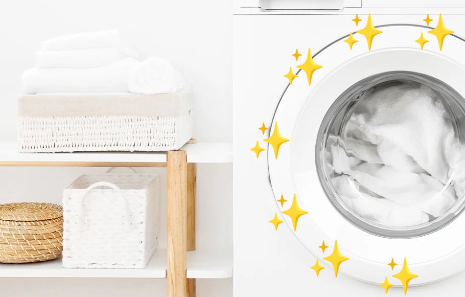Eine Waschmaschine mit weißer Wäsche um deren Trommel blinkende Sterne stehen