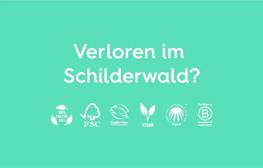 ein grüner Hintergrund in dem in weiß verschiedene Logos aufgedruckt sind, darüber die Worte Verloren im Schilderwald?