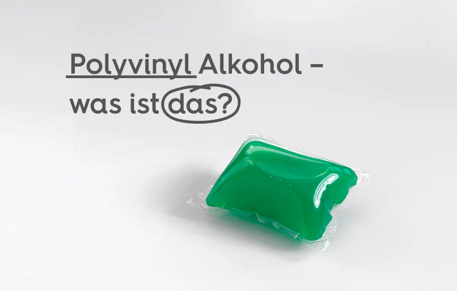 eine smol Universal Waschmittelkapsel auf grauem Hintergrund, darüber die Worte Polyvynil Alkohol - was ist das?