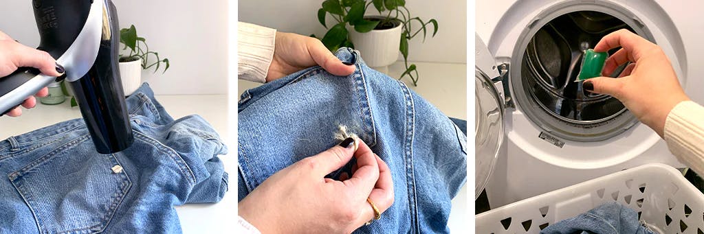 removing chewing gum from denim clothes with a hairdryer and washing machine