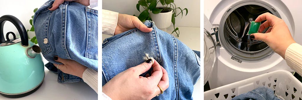 removing chewing gum from denim clothes with a kettle and washing machine