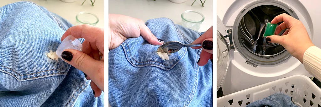 removing chewing gum from denim clothes with ice, a spoon and washing machine