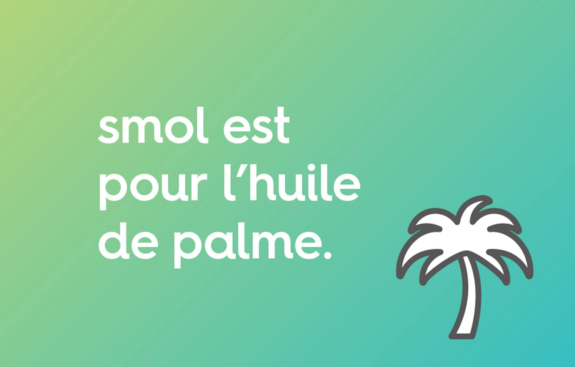 la phrase « smol est pour l'huile de palme. » sur un fond en dégradé de vert clair à bleu, à côtê du contour d'un palmier.