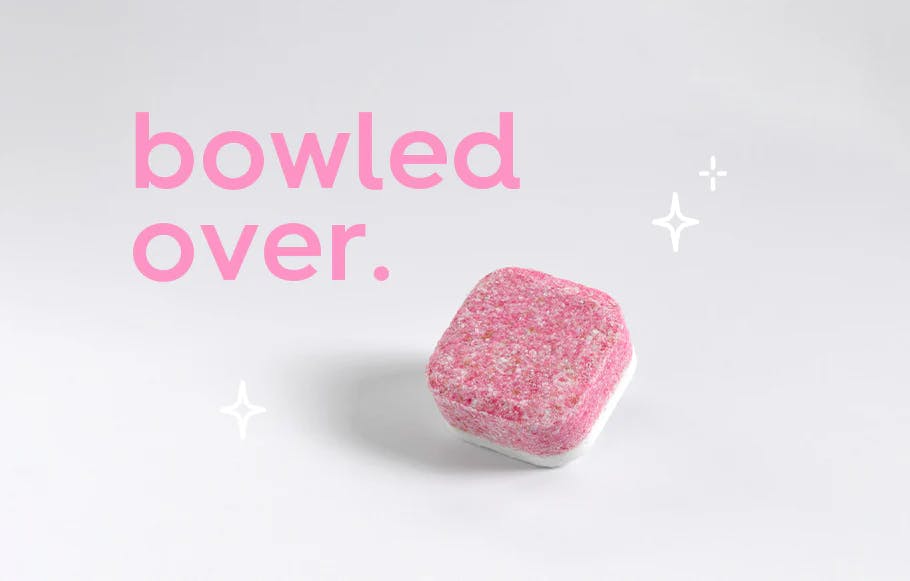 dishwasher tablet with text: bowled over