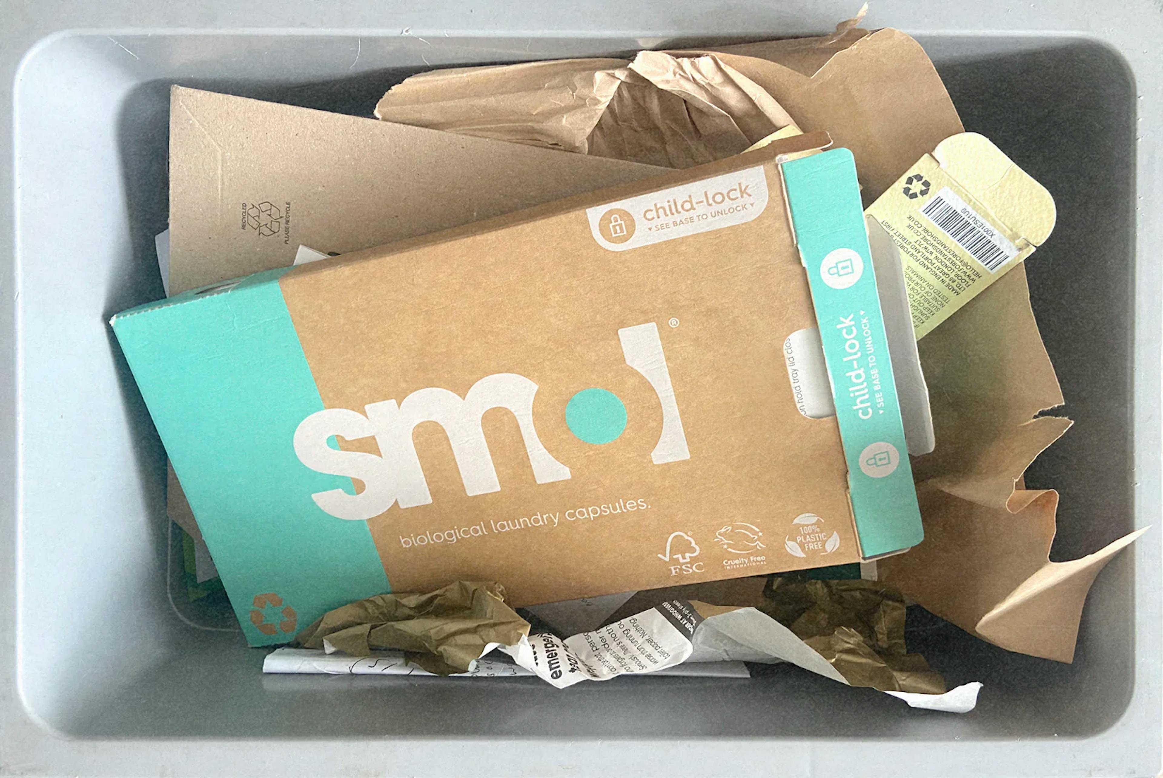 smol bio cardboard packaging in recycling bin