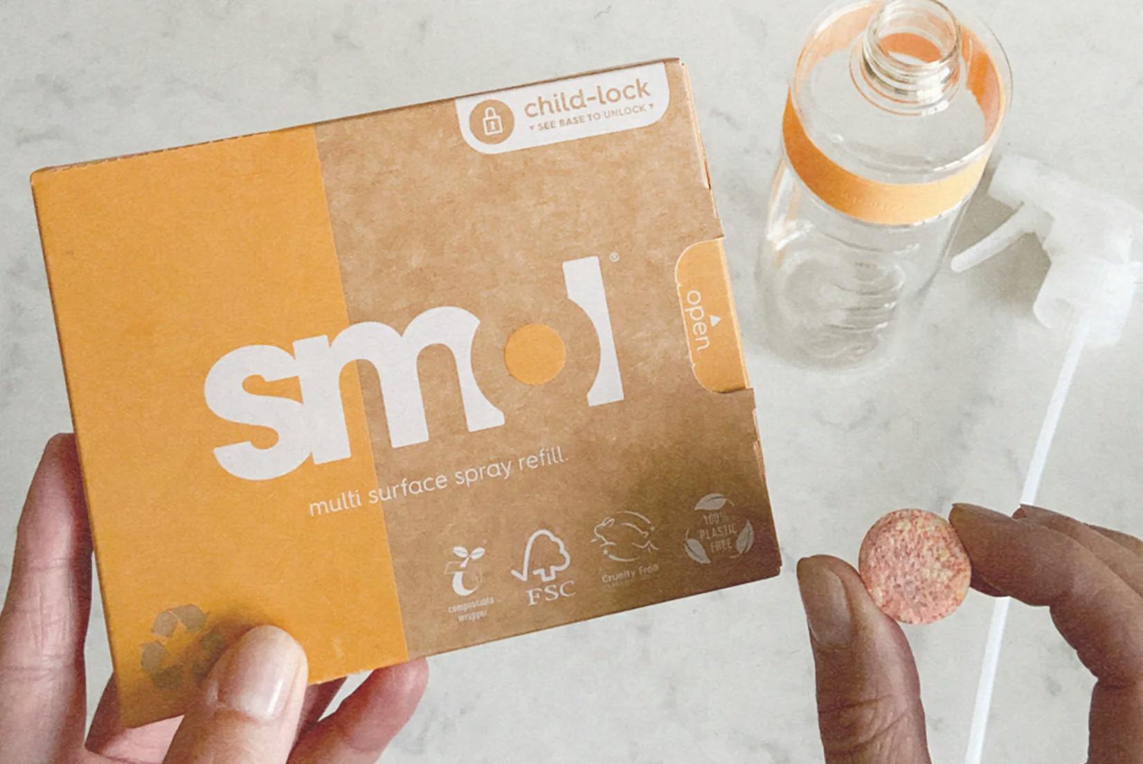 smol multi purpose spray refills pack, tablet and empty bottle