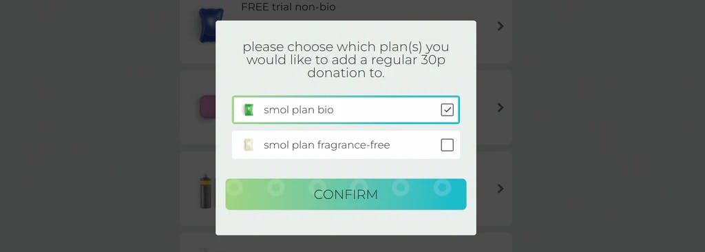 a screenshot showing a smol account with the option to add donate a wash onto an existing laundry capsules plan